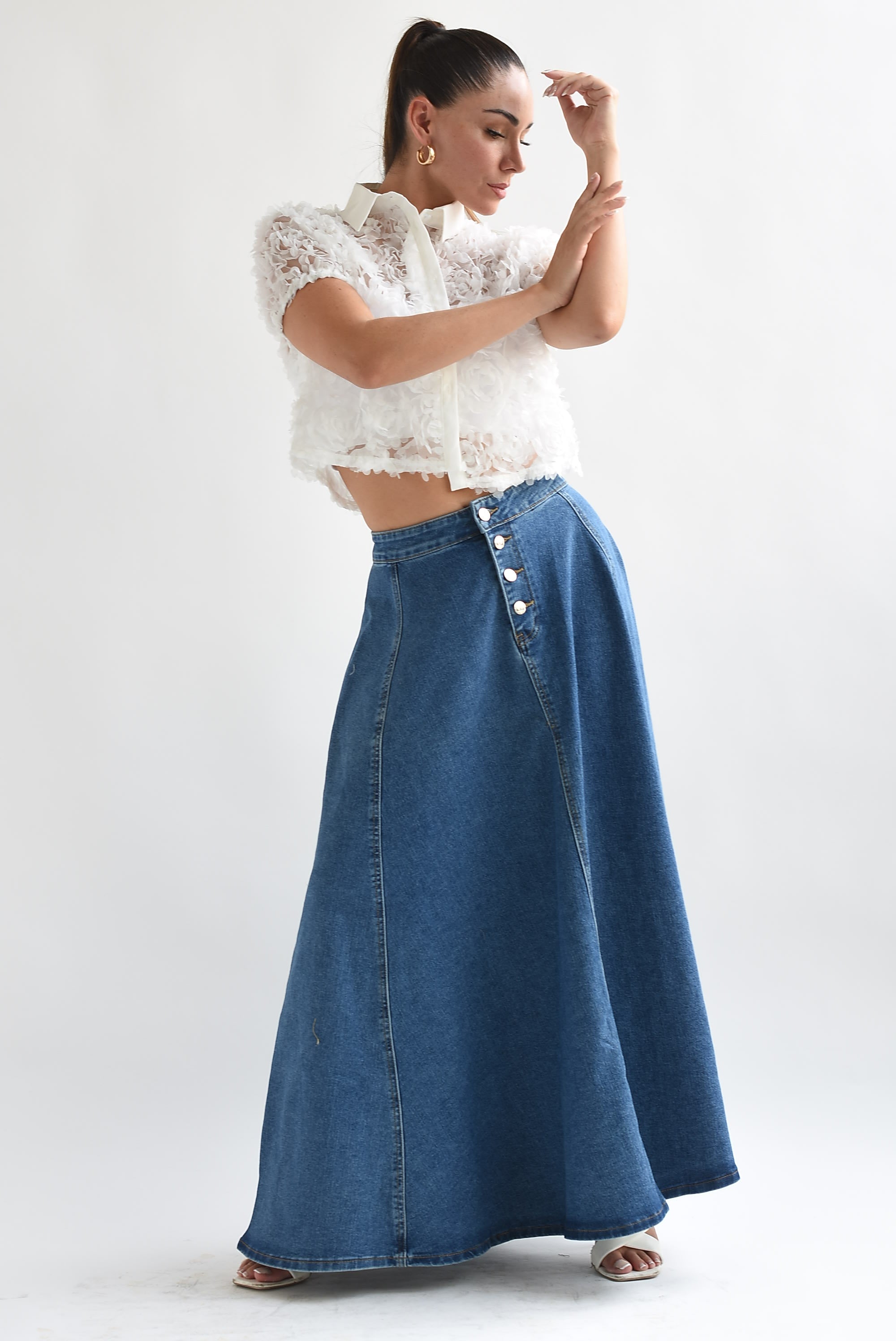 Falda larga corte A botones Denim Medium