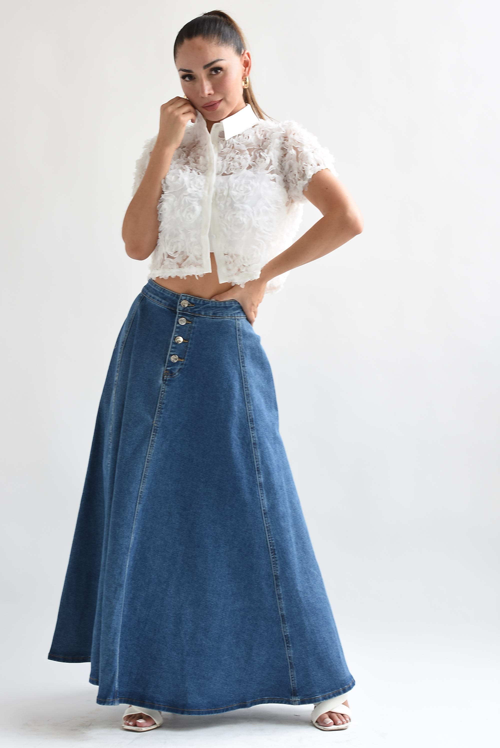 Falda larga corte A botones Denim Medium