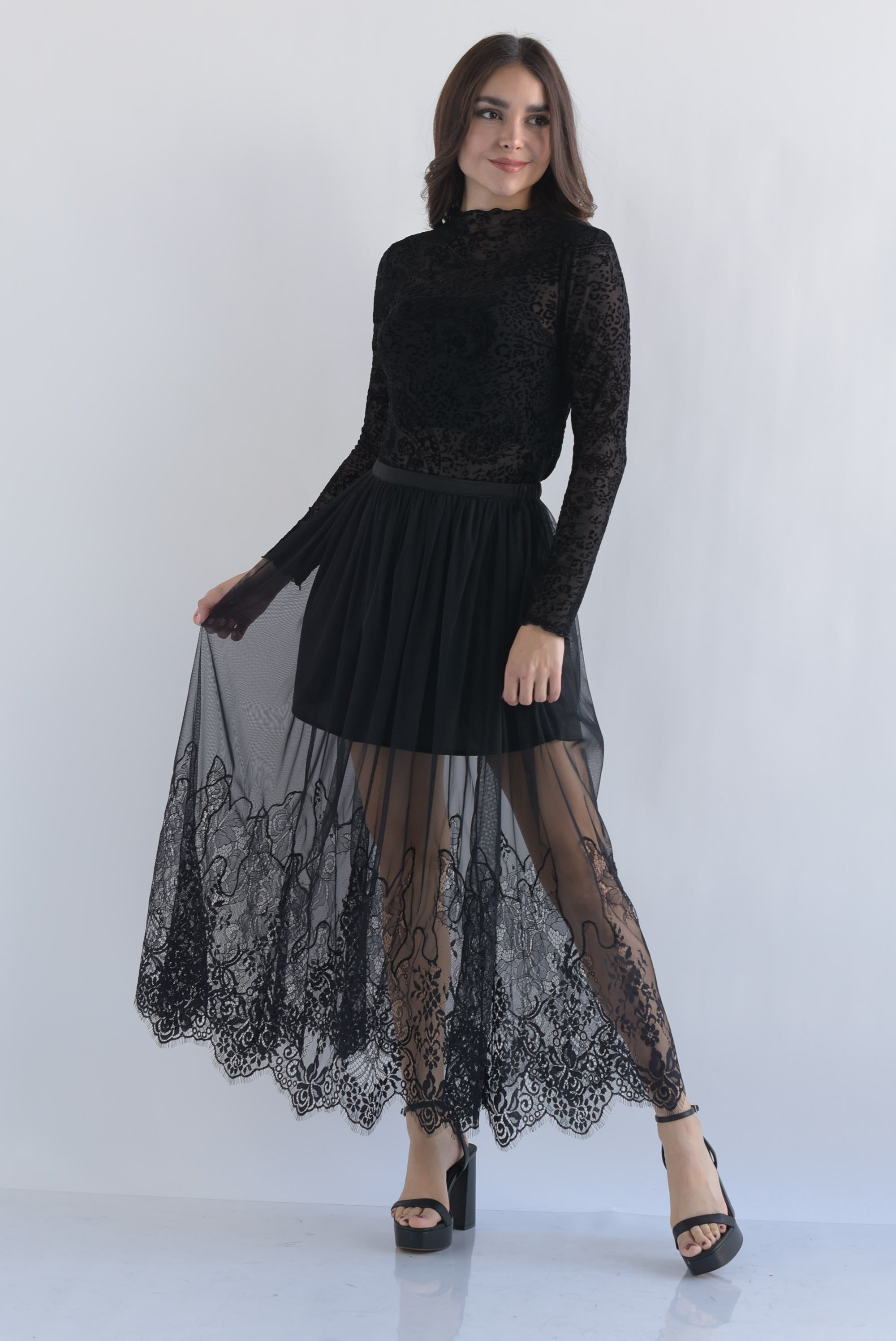 Falda mesh con encaje Negro