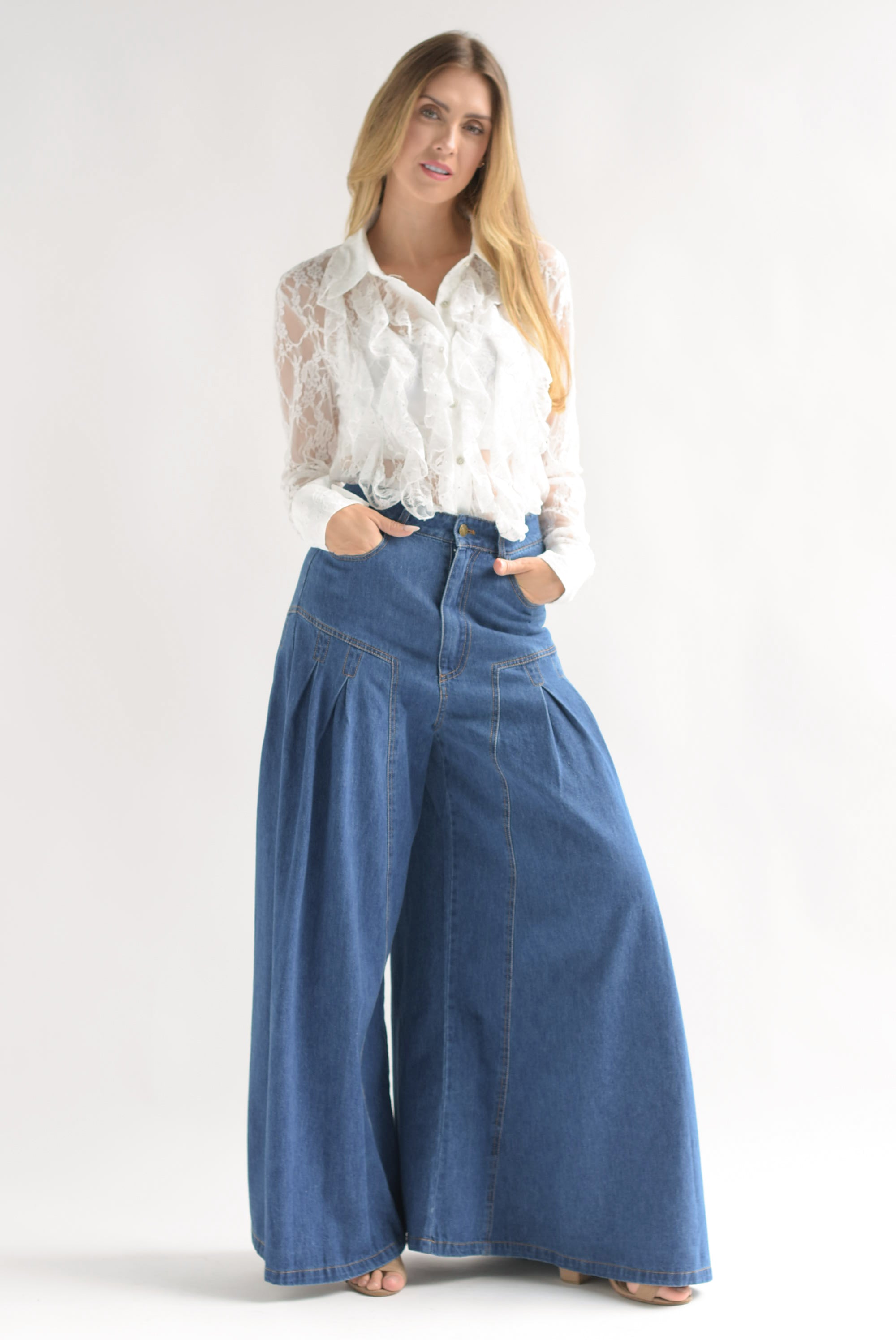 Jeans pata de elefante pinzas Denim Dark โ Fashion Styled