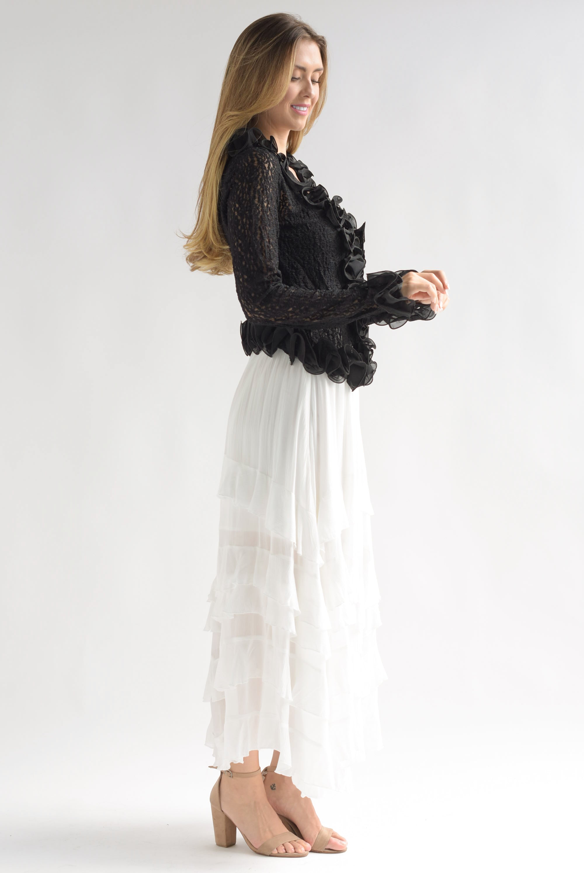 Falda larga olanes en capas gasa Blanco