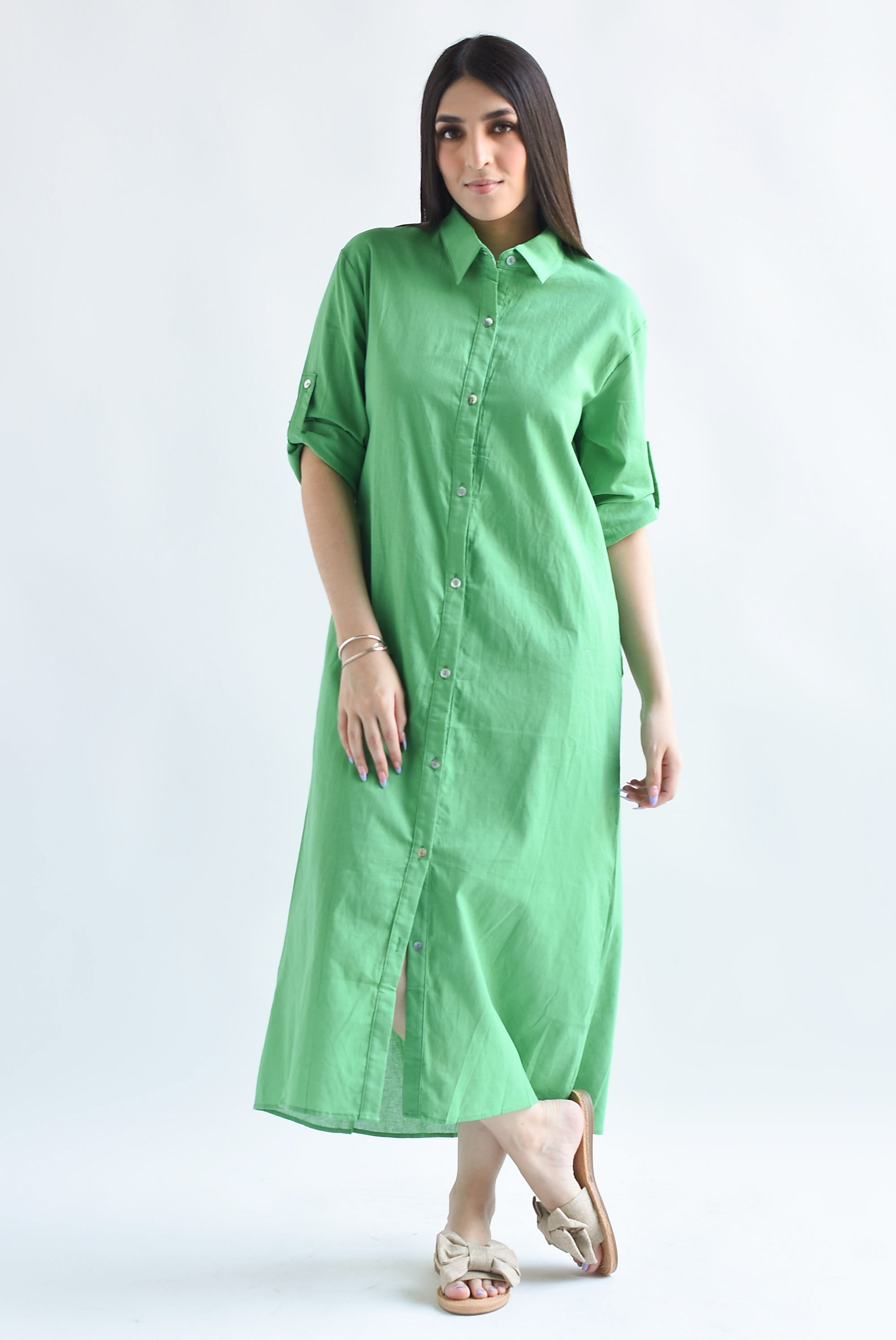 Vestido camisero tipo lino Verde