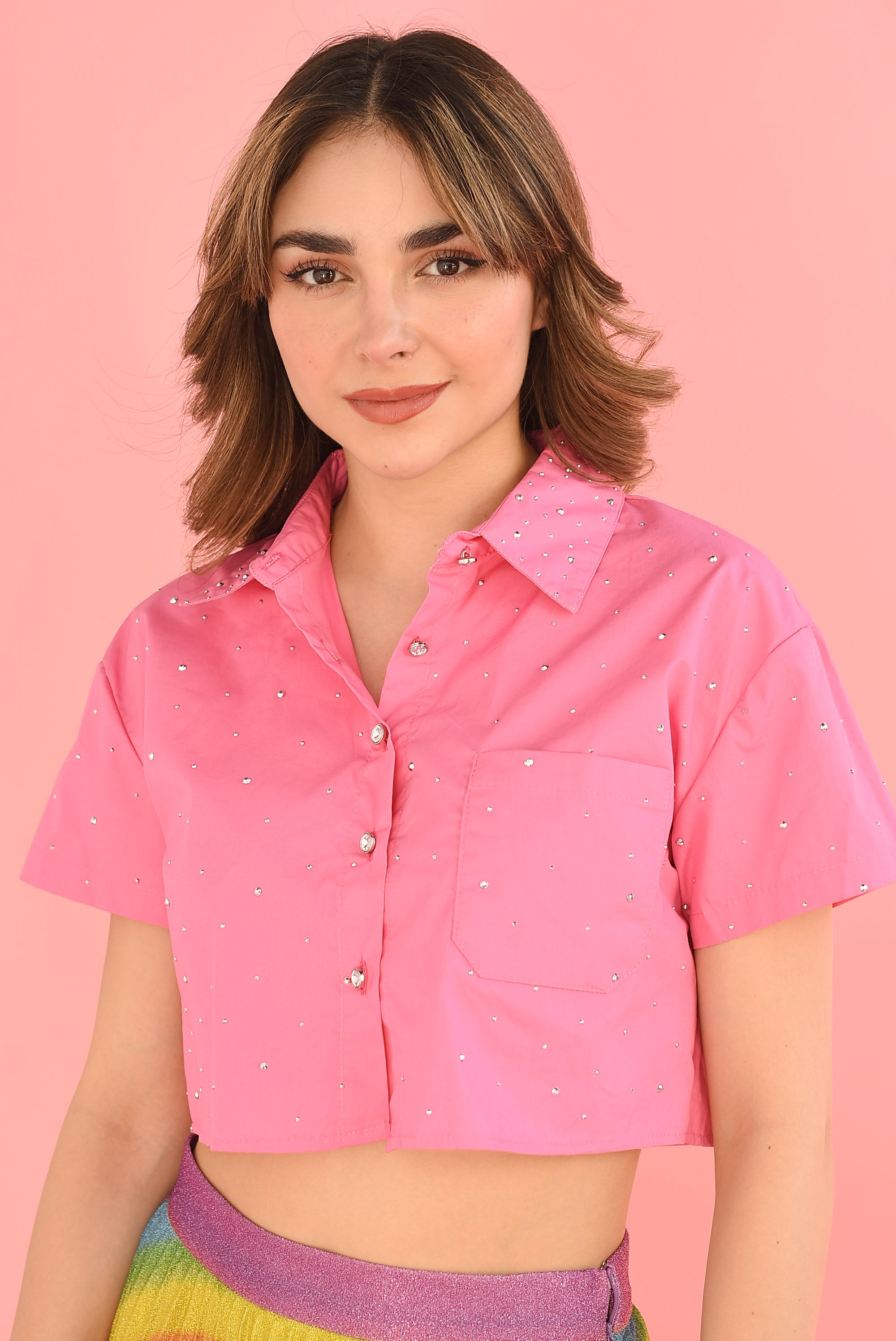 Camisa crop cargo brillos Rosa