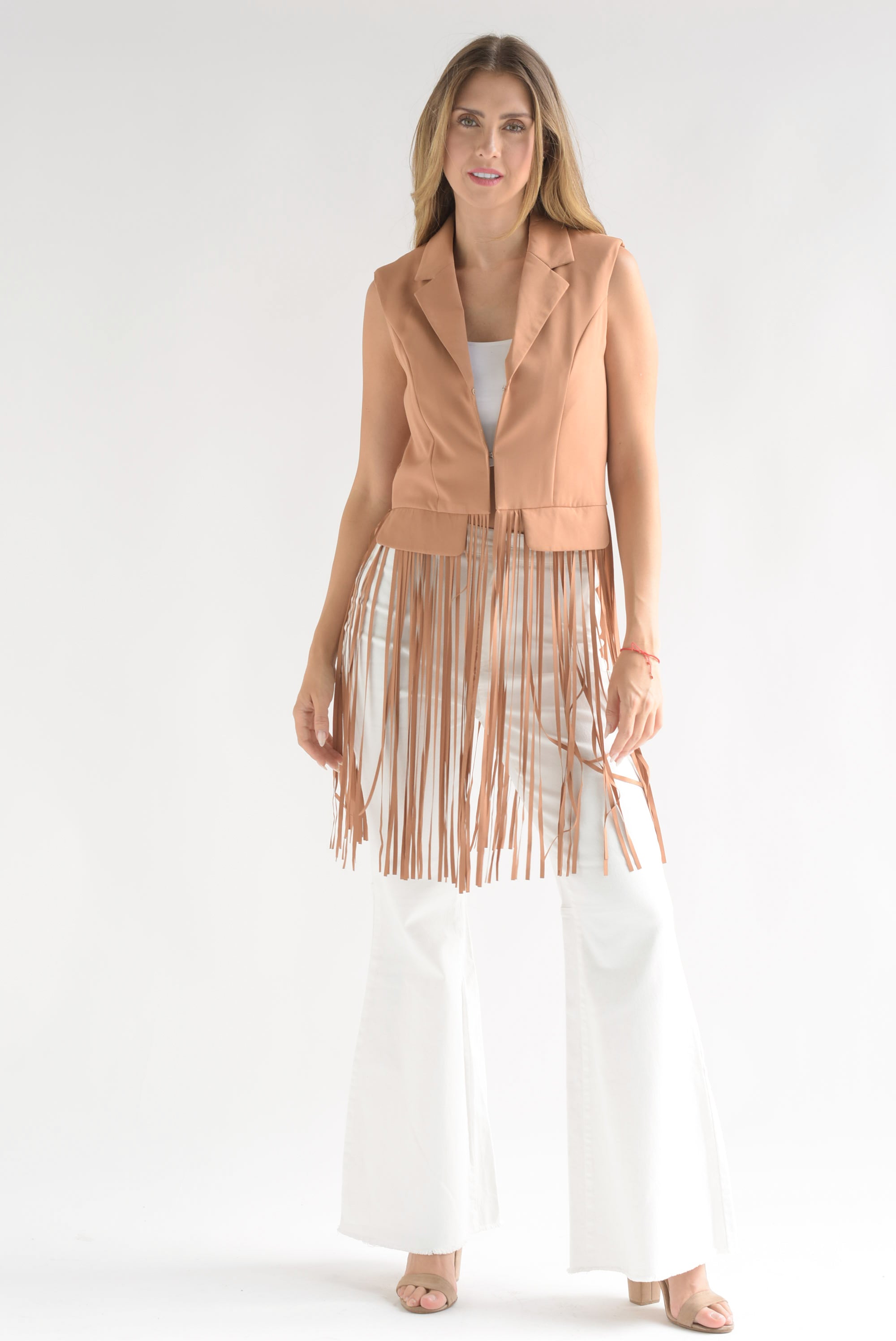Chaleco largo flecos Camel