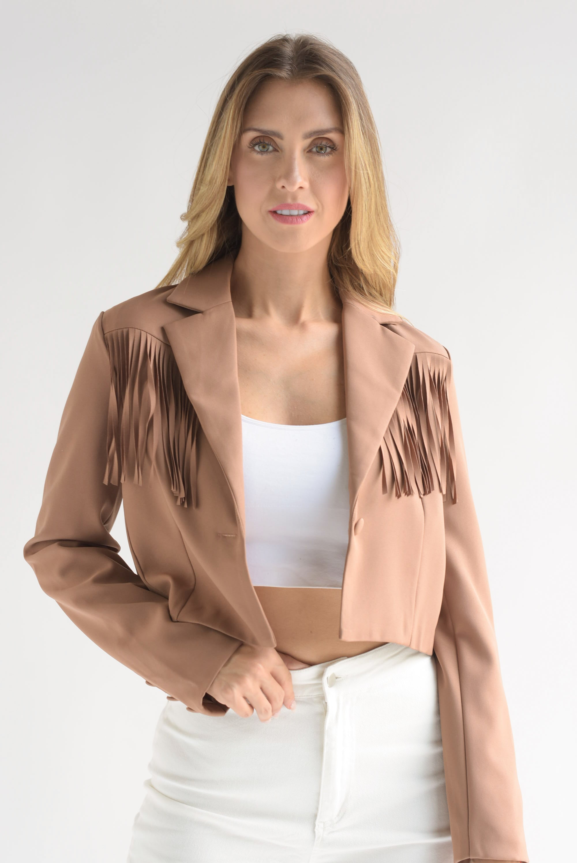 Blazer crop flecos Café