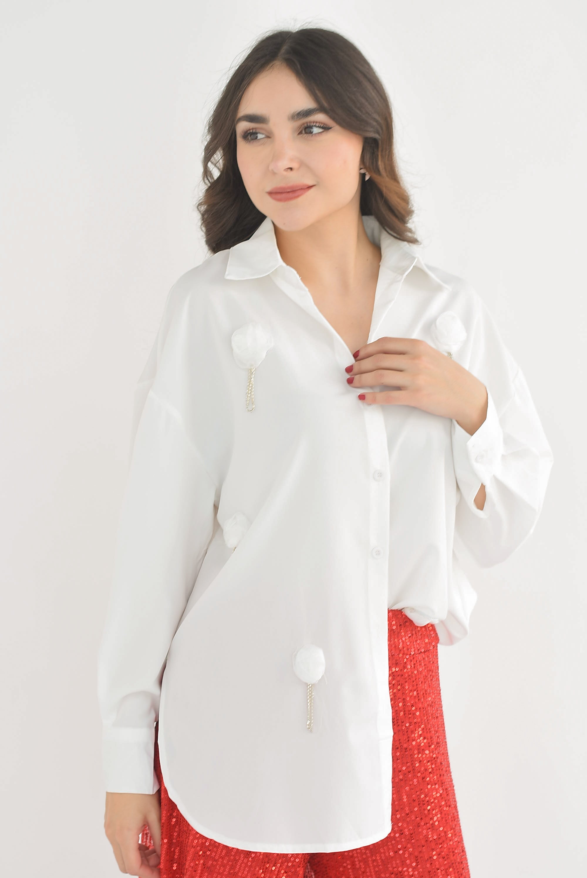 Camisa larga Flor y Brillos Blanca