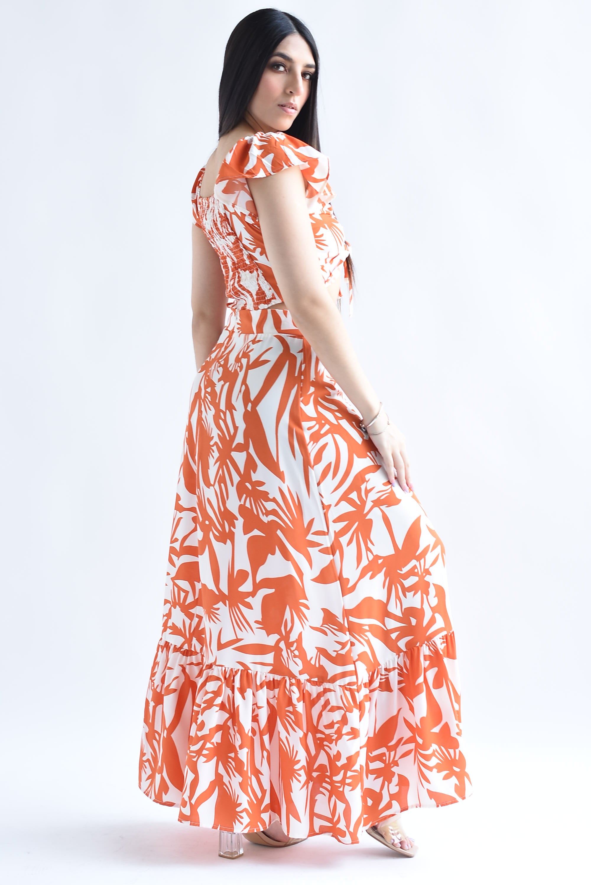 Set Falda y Blusa drapeada Hojas Naranja