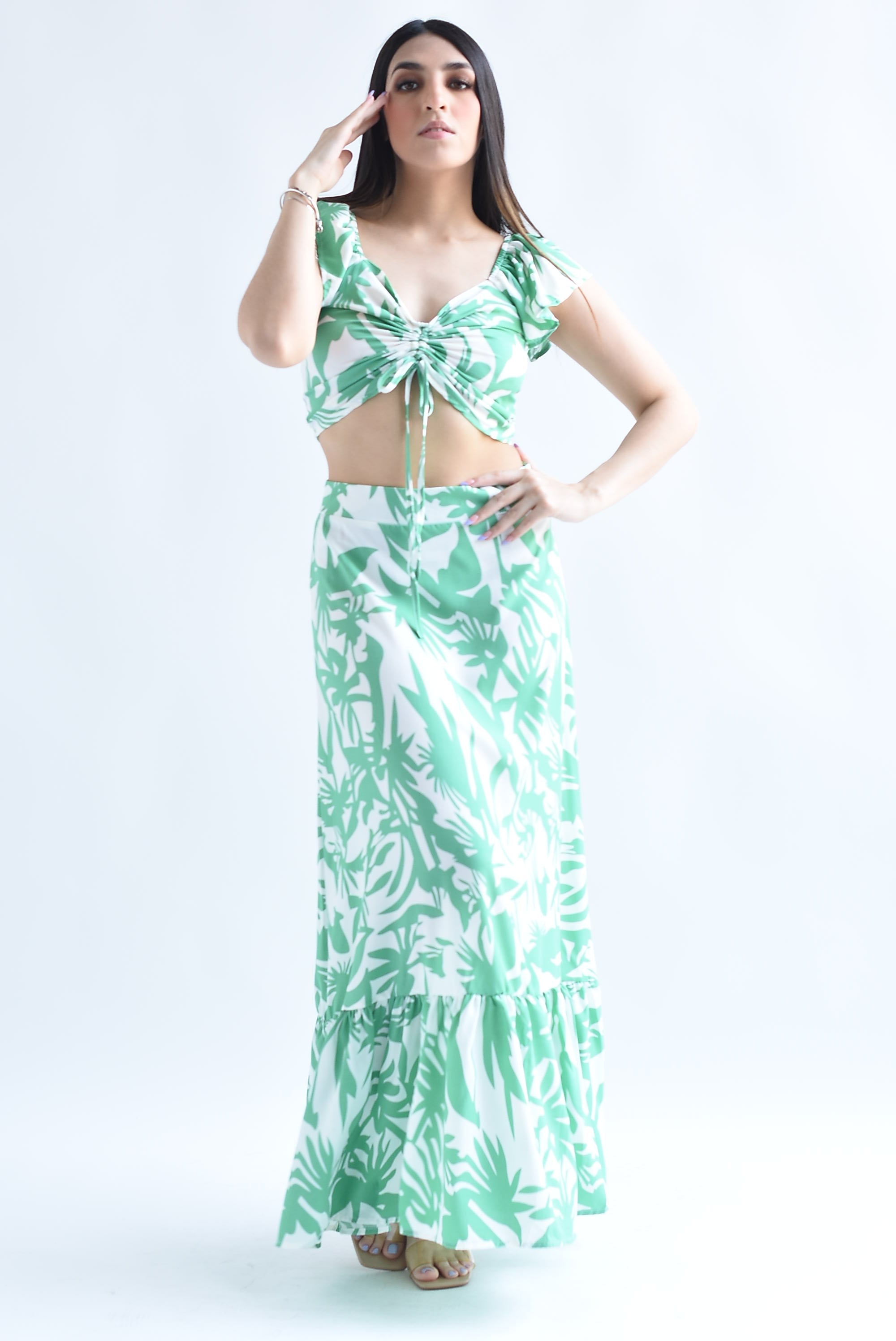 Set Falda y Blusa drapeada Hojas Verde