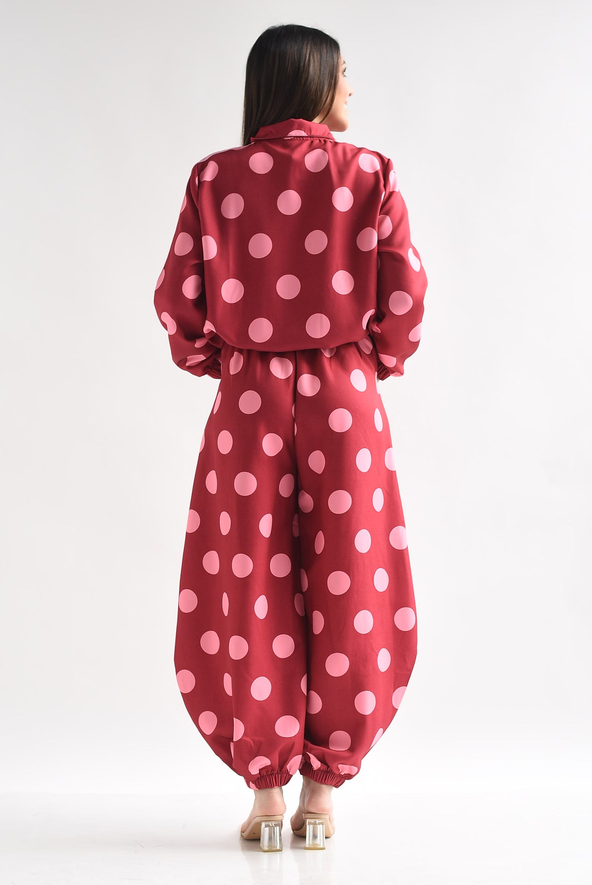 Set Pantalón barrel y Chamarra polka dots lazos chinos