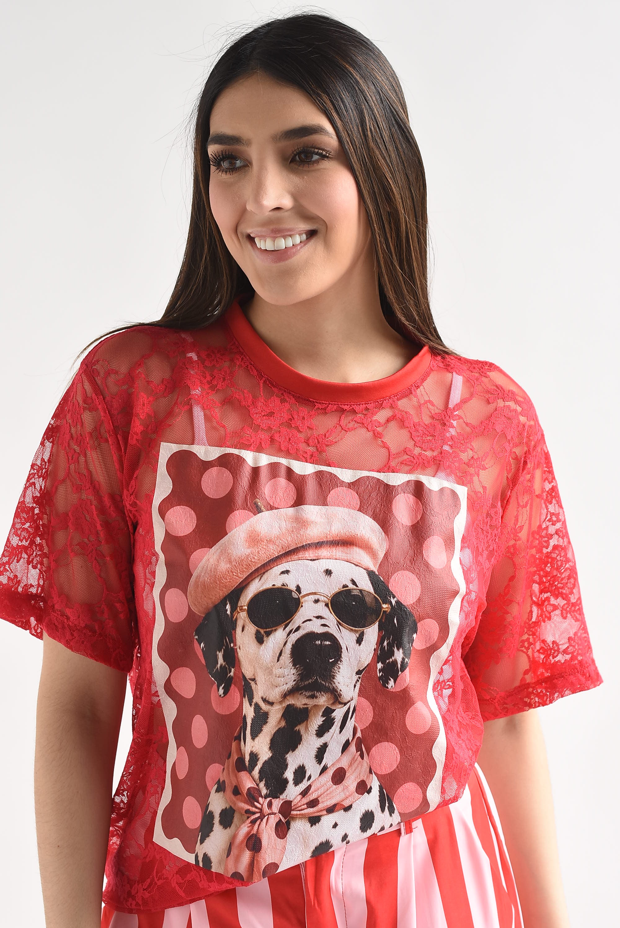 T-Shirt perro gafas polka dots encaje