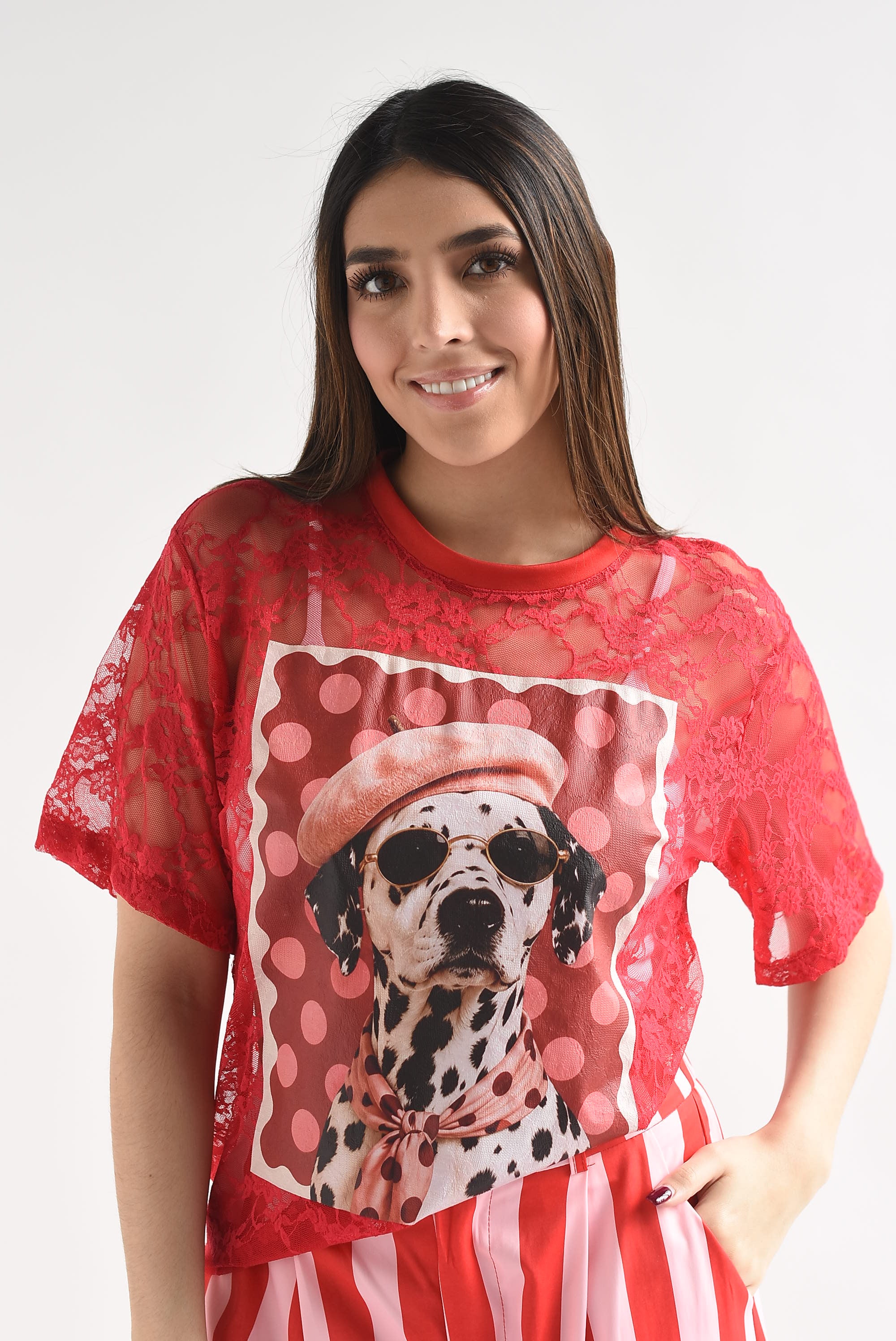 T-Shirt perro gafas polka dots encaje
