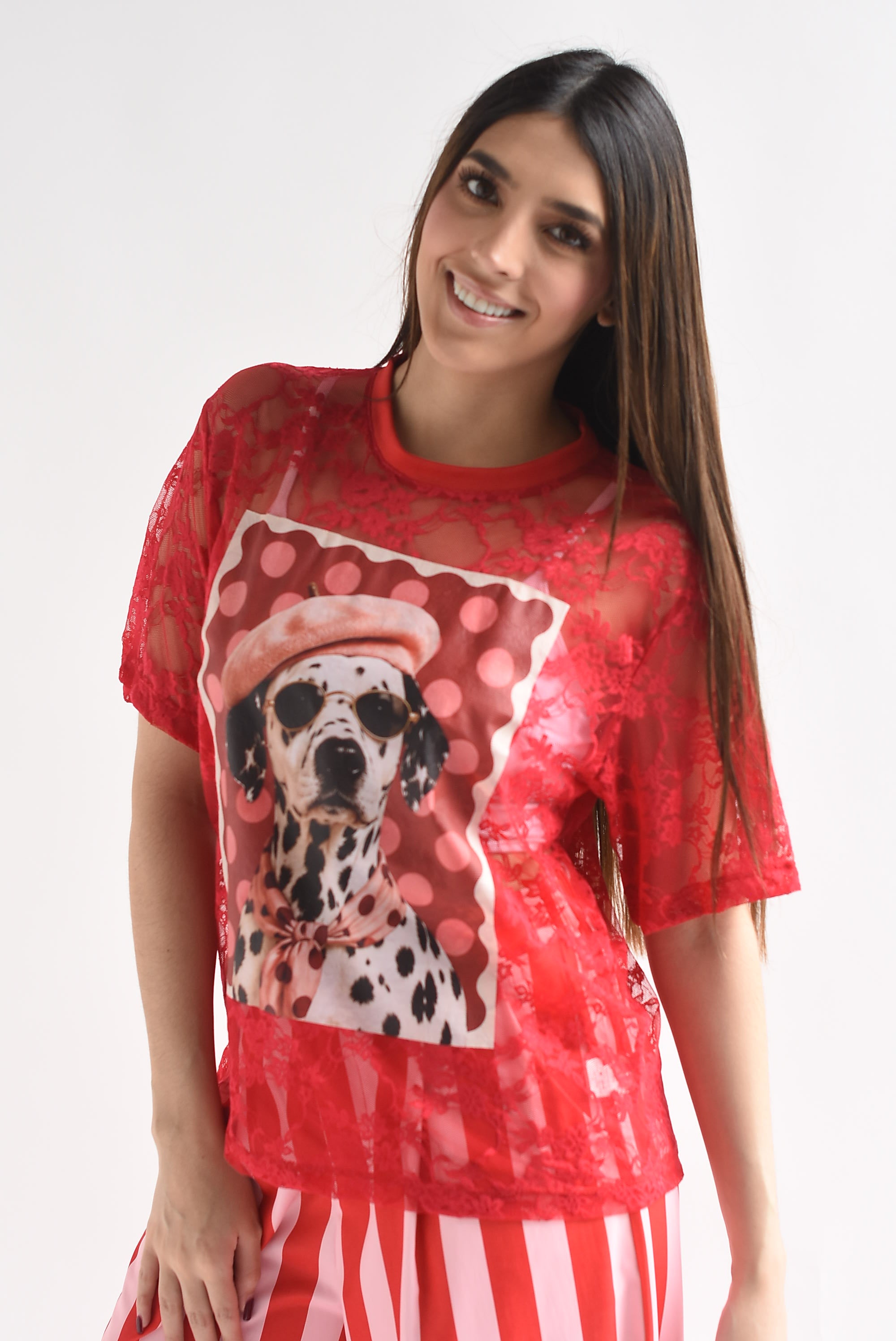 T-Shirt perro gafas polka dots encaje