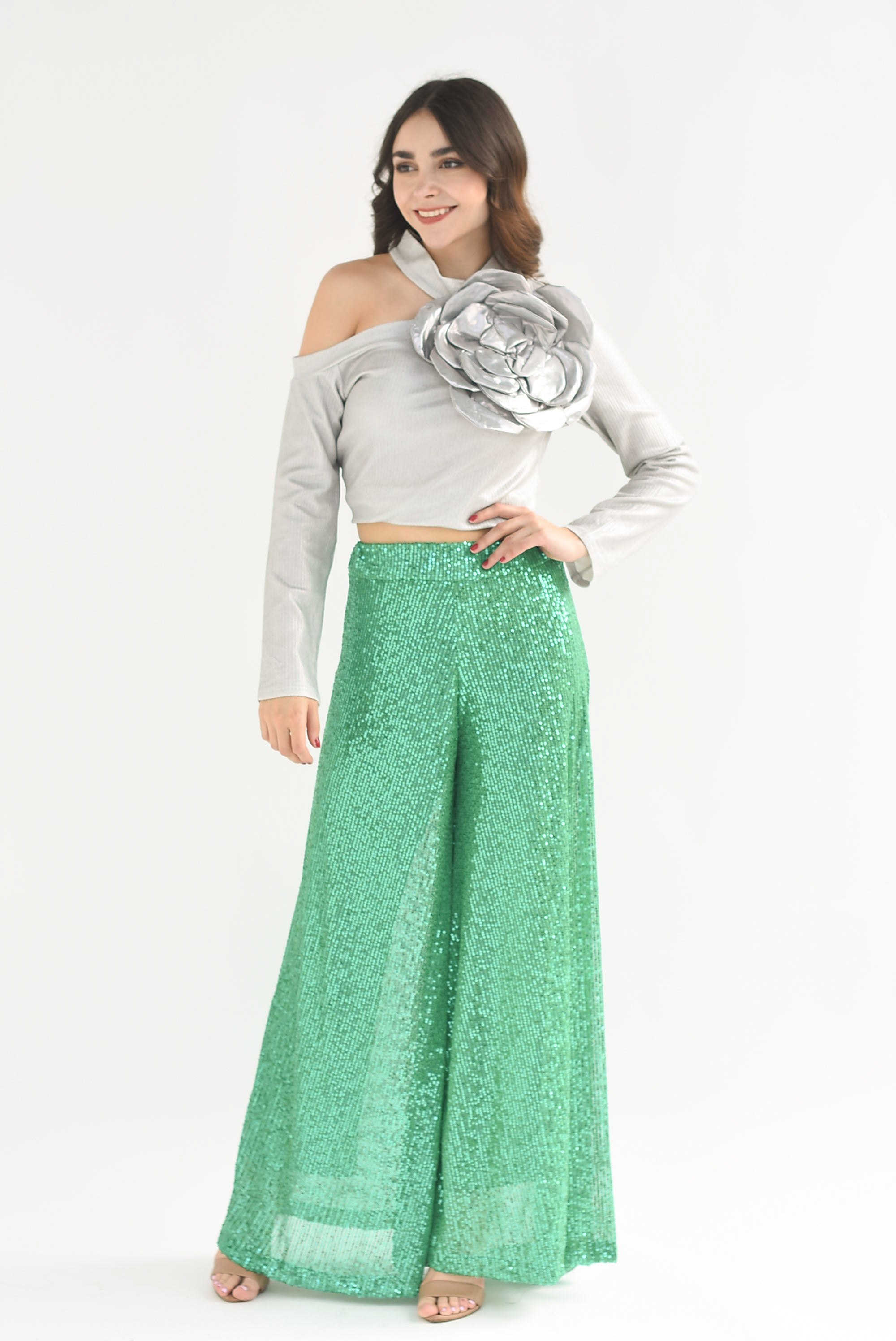 Pantalón lentejuela pata elefante Verde