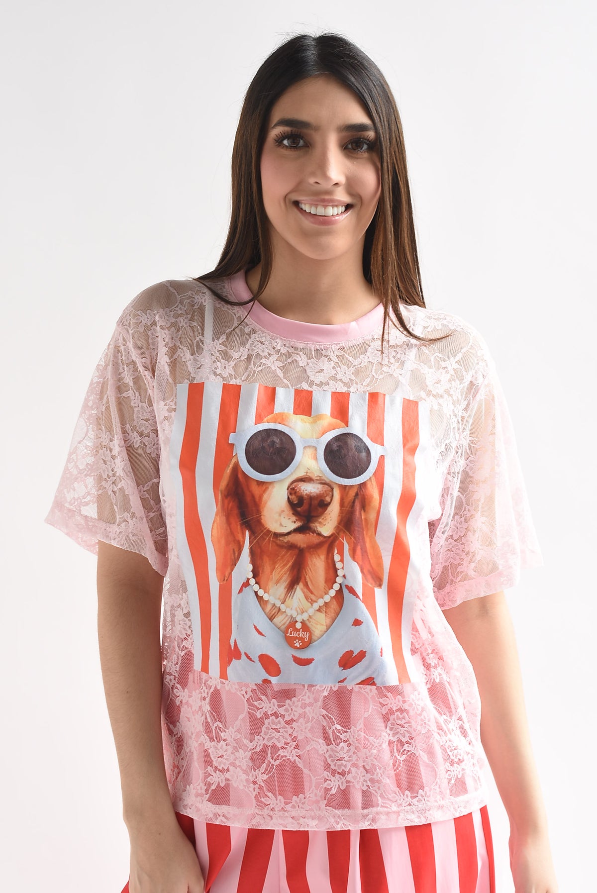 T-Shirt perro gafas rayas encaje
