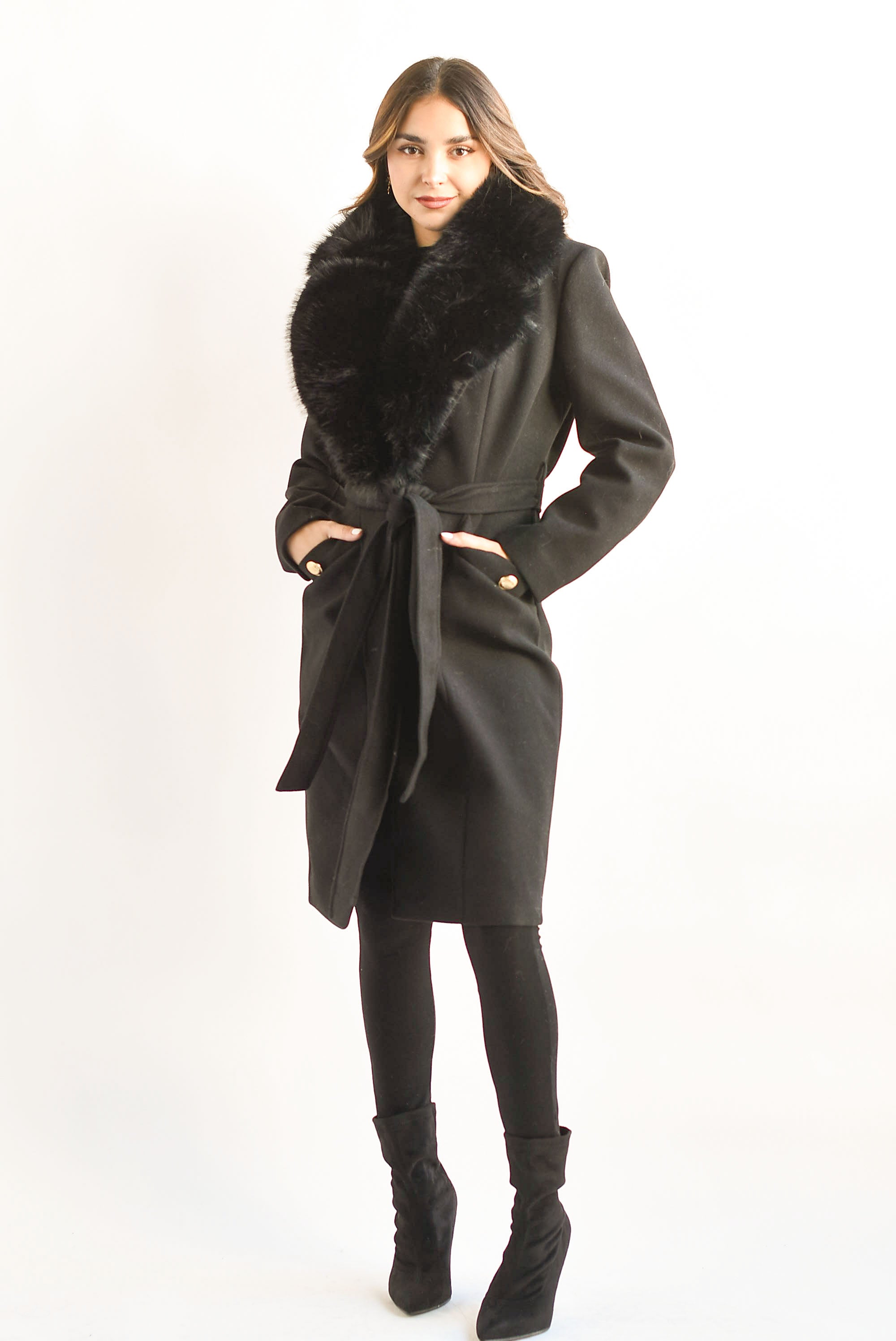 Abrigo cuello fur removible Negro