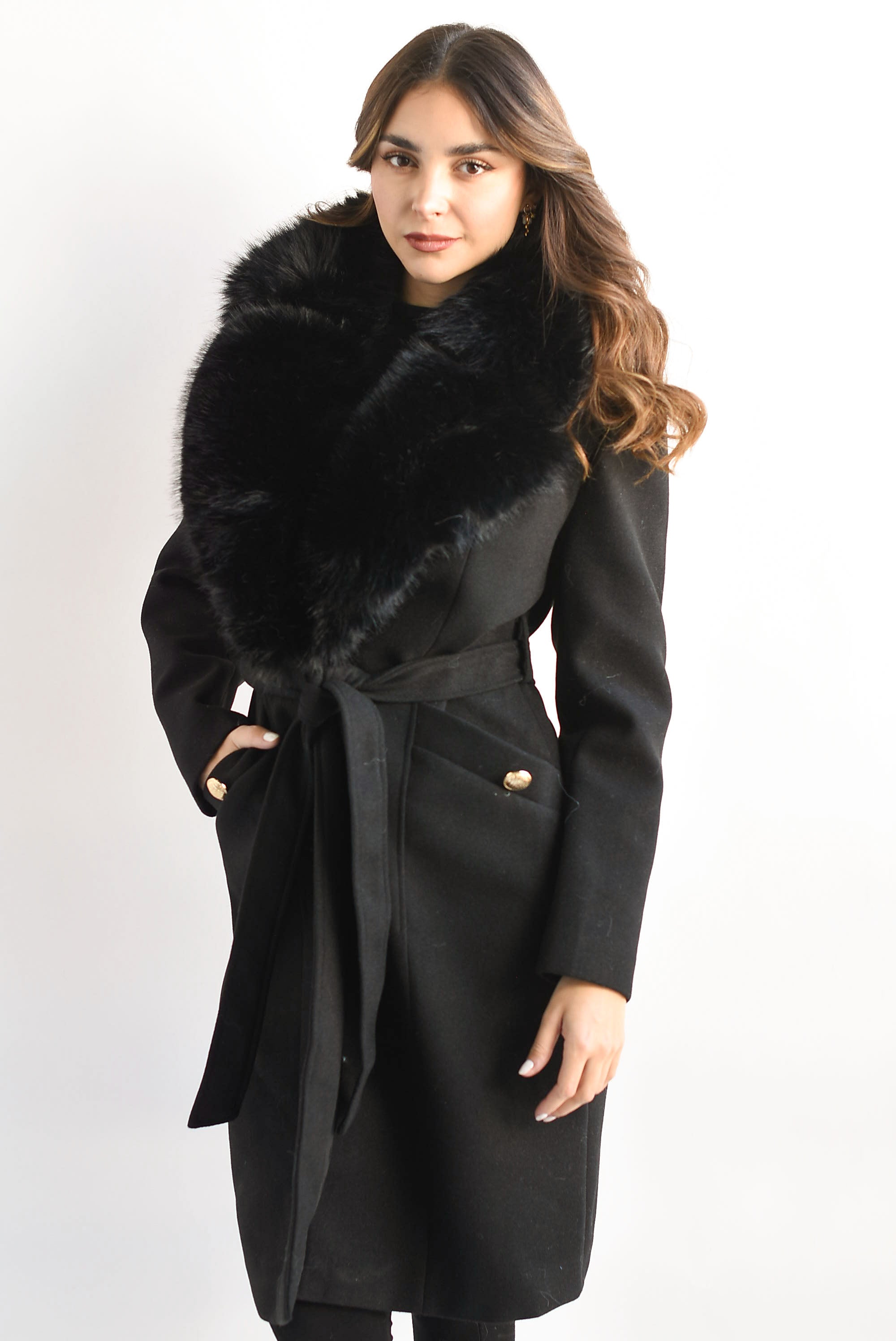 Abrigo cuello fur removible Negro