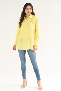 Fashion Styled Camisa larga Flor y Brillos Amarilla