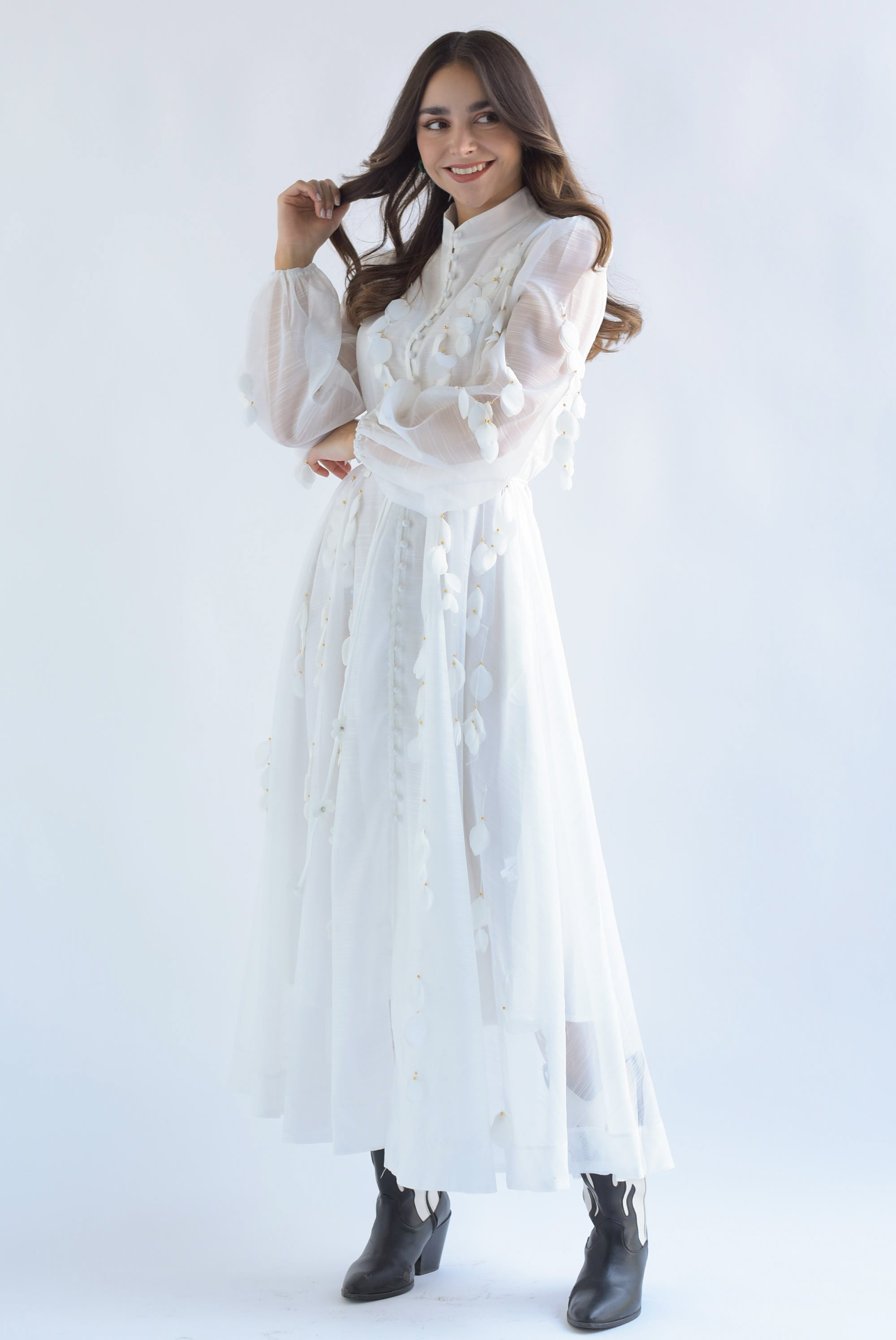 Vestido largo tiras pétalos Blanco