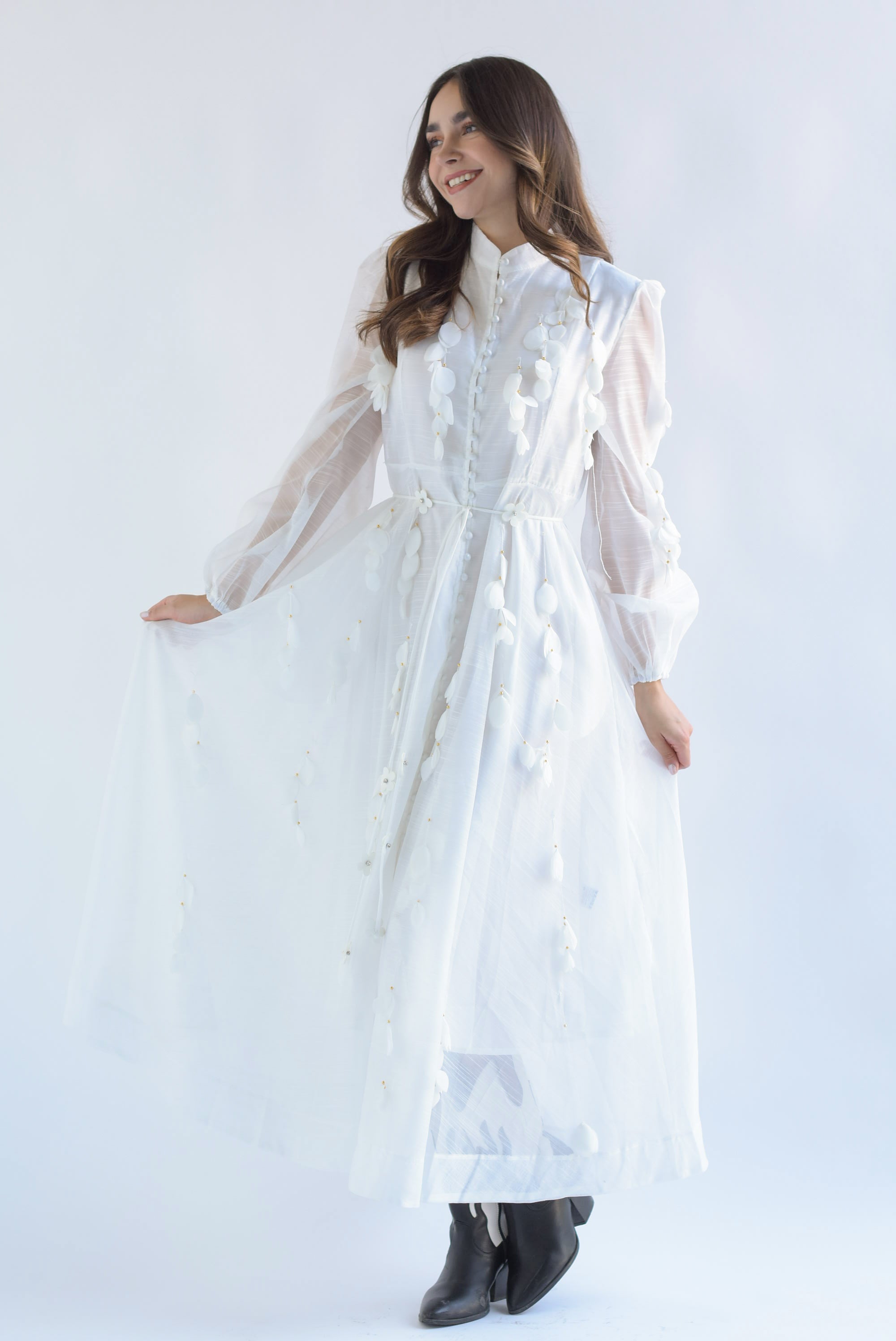 Vestido largo tiras pétalos Blanco