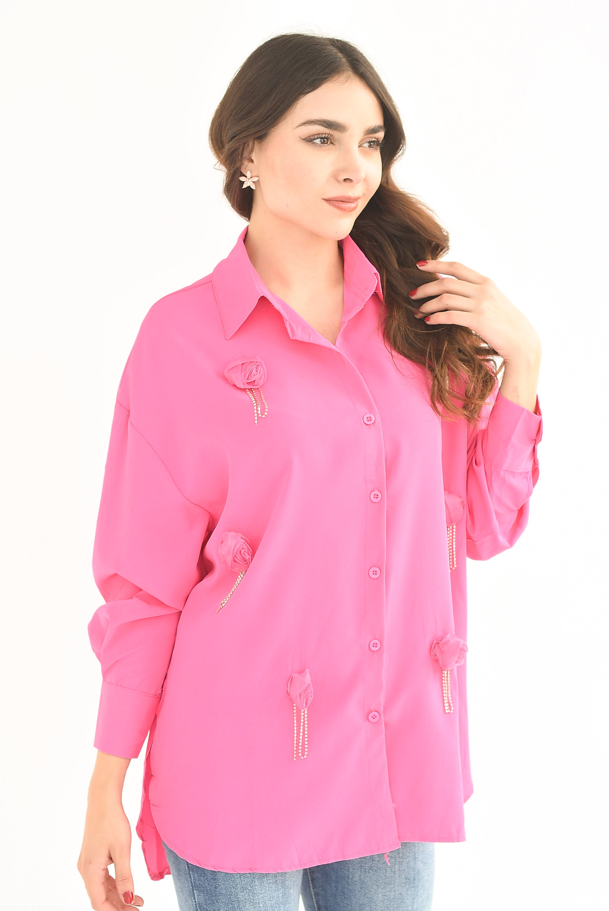 Camisa larga Flor y Brillos Fiusha