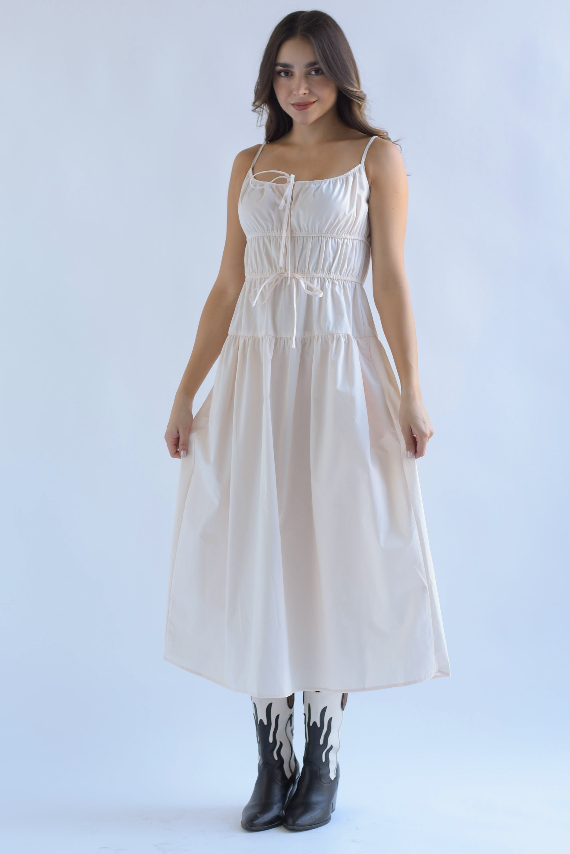 Vestido pecho drapeado lazos Ivory
