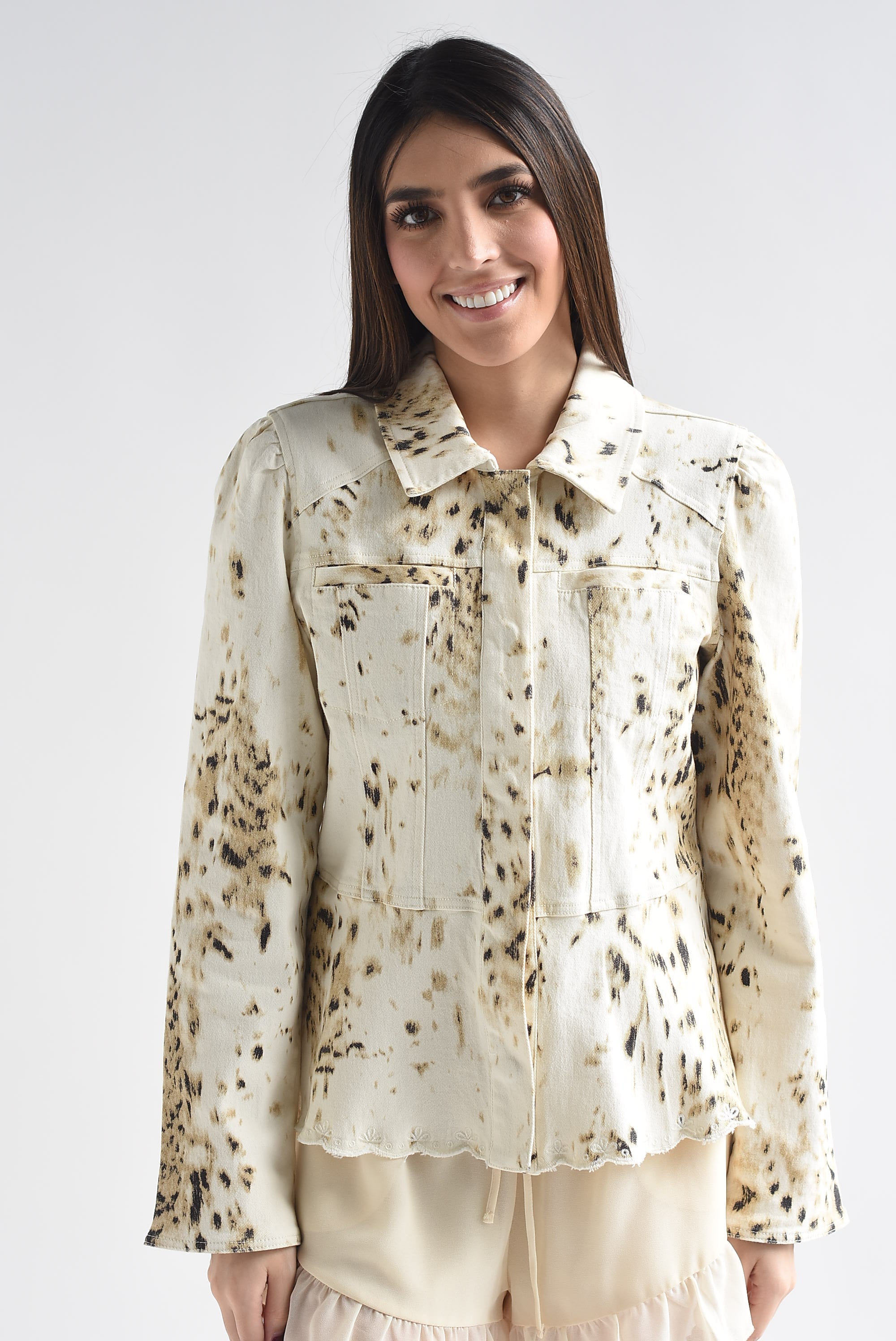 Chamarra Denim peplum animal print