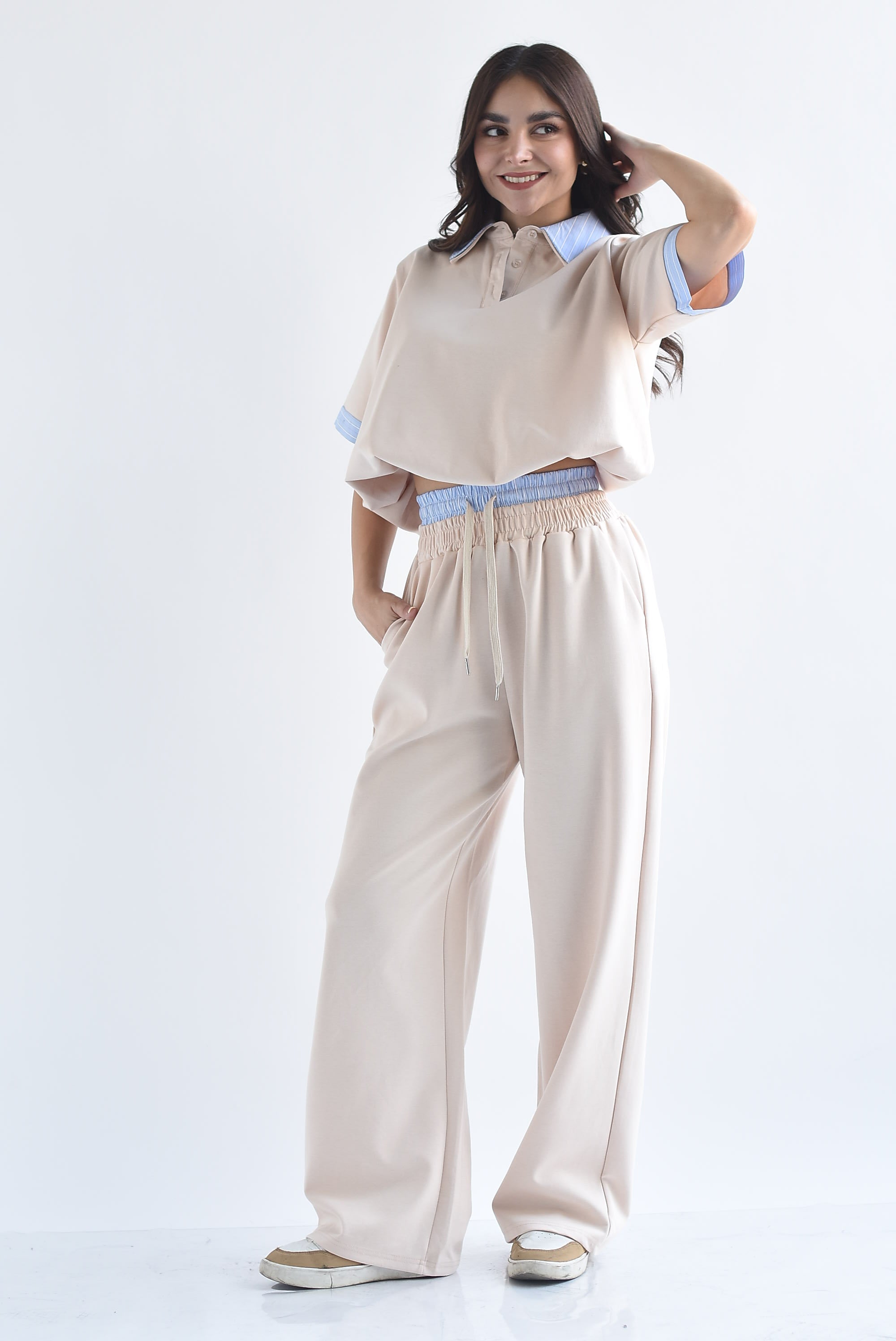 Set Pantalón y Blusa polo pretina y cuello rayas