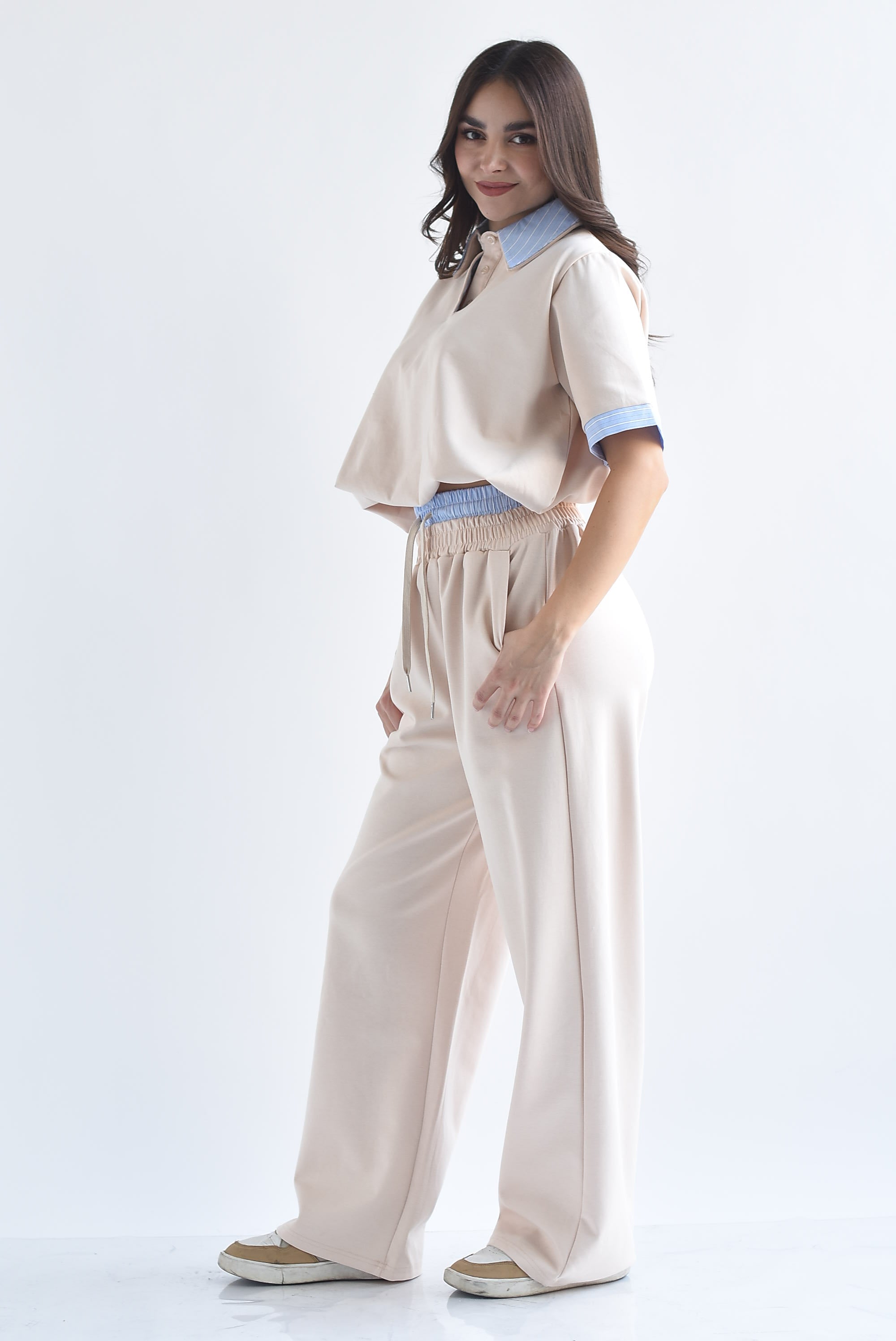 Set Pantalón y Blusa polo pretina y cuello rayas