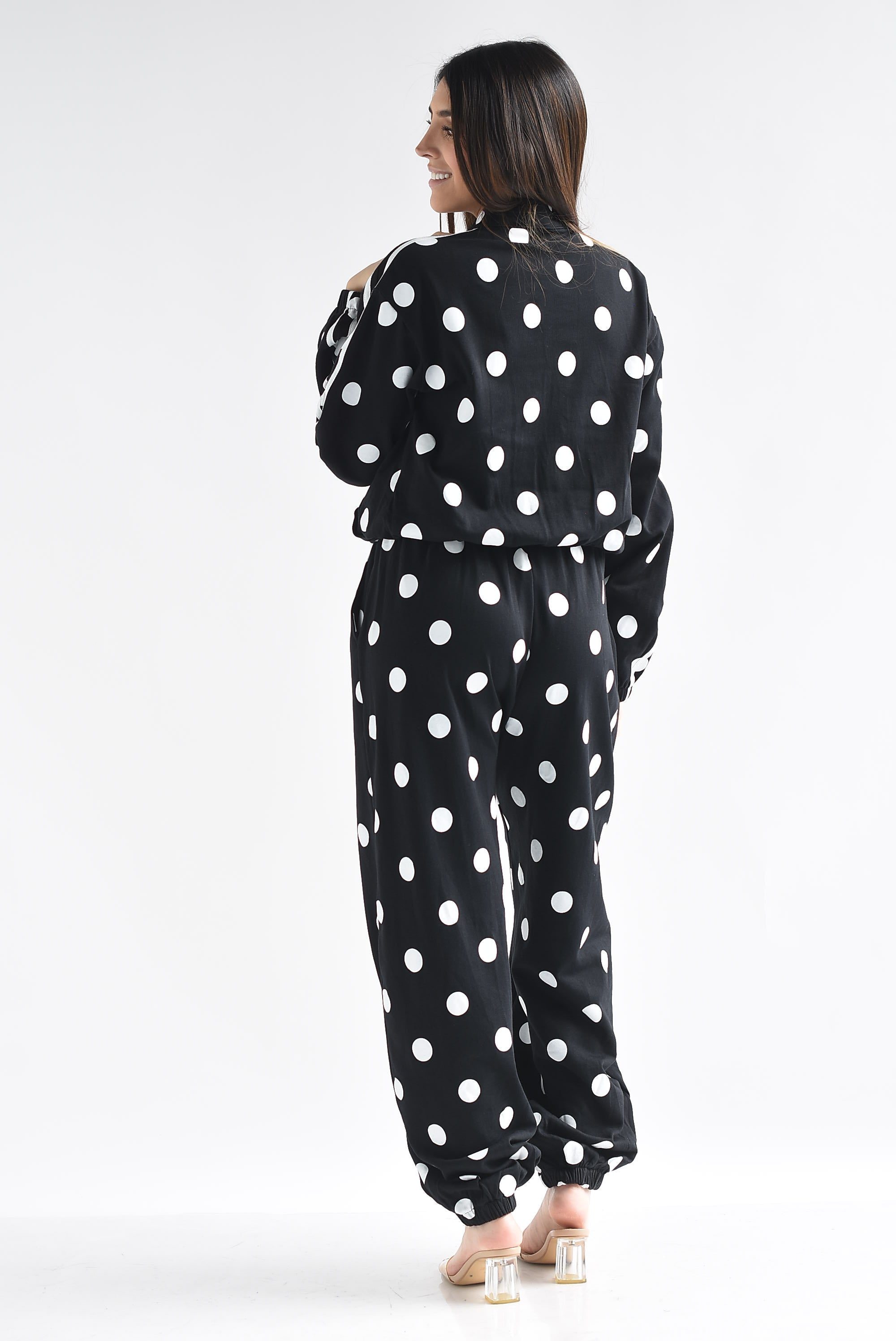 Set Pantalón y Chamarra polka dots lazos chinos