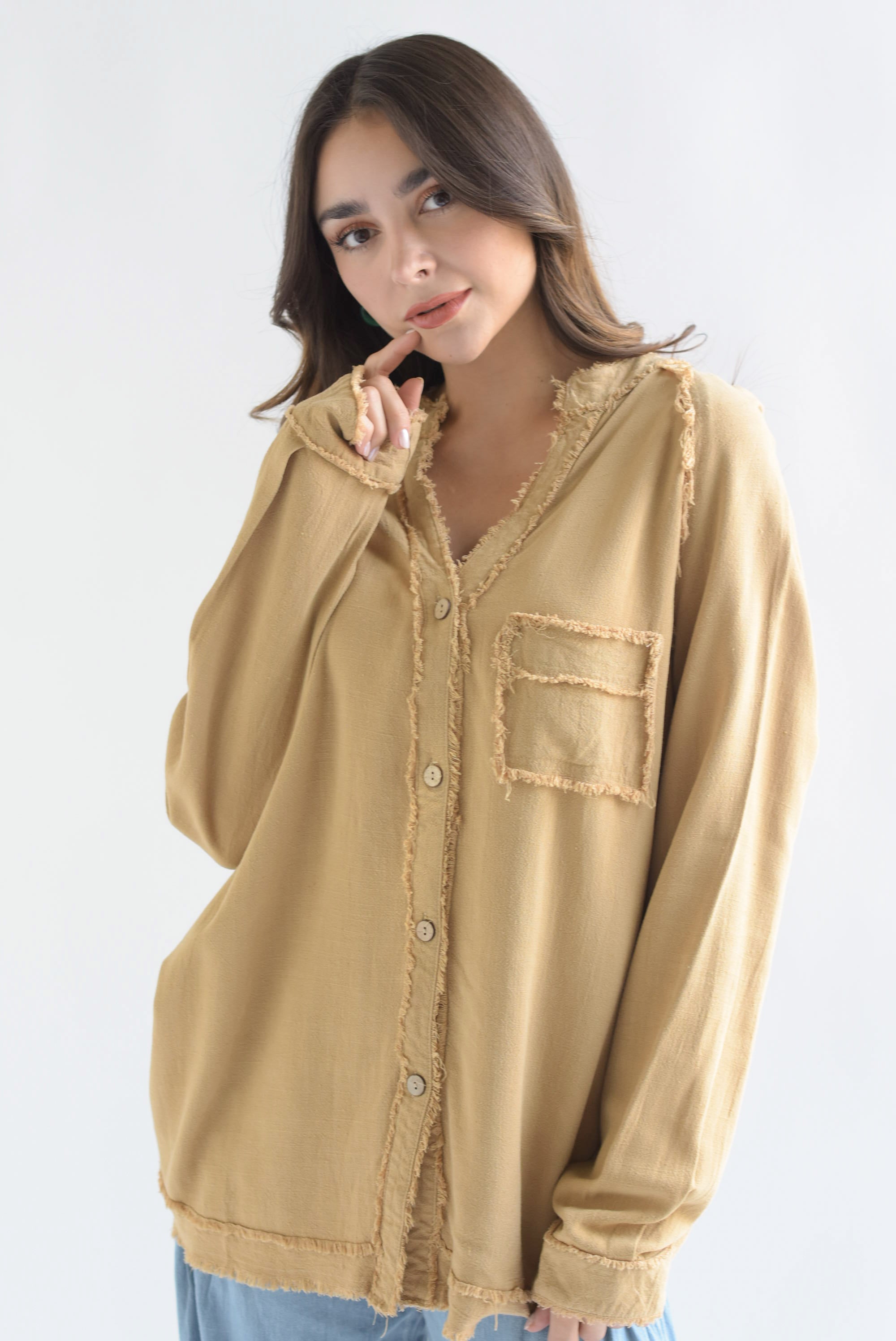 Camisa larga deshilachada lino Camel