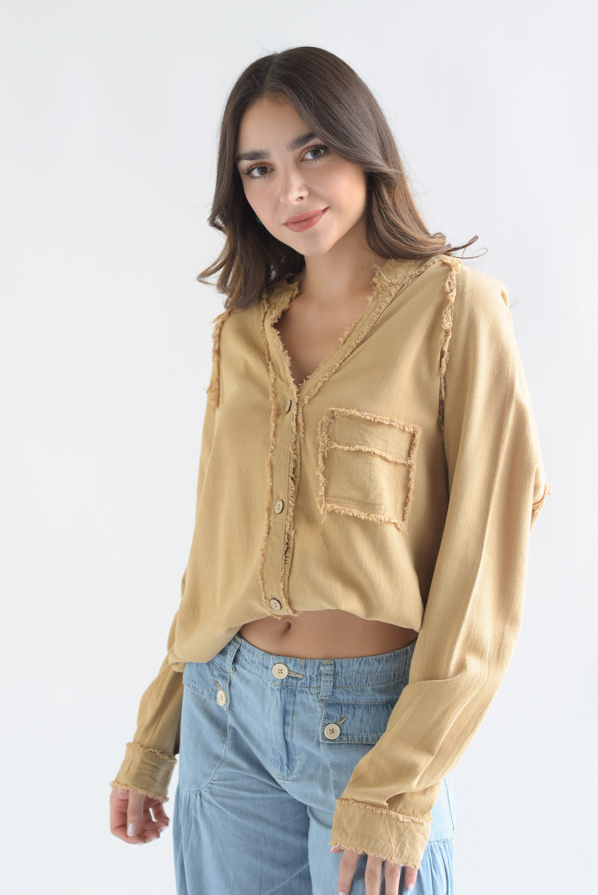 Camisa larga deshilachada lino Camel