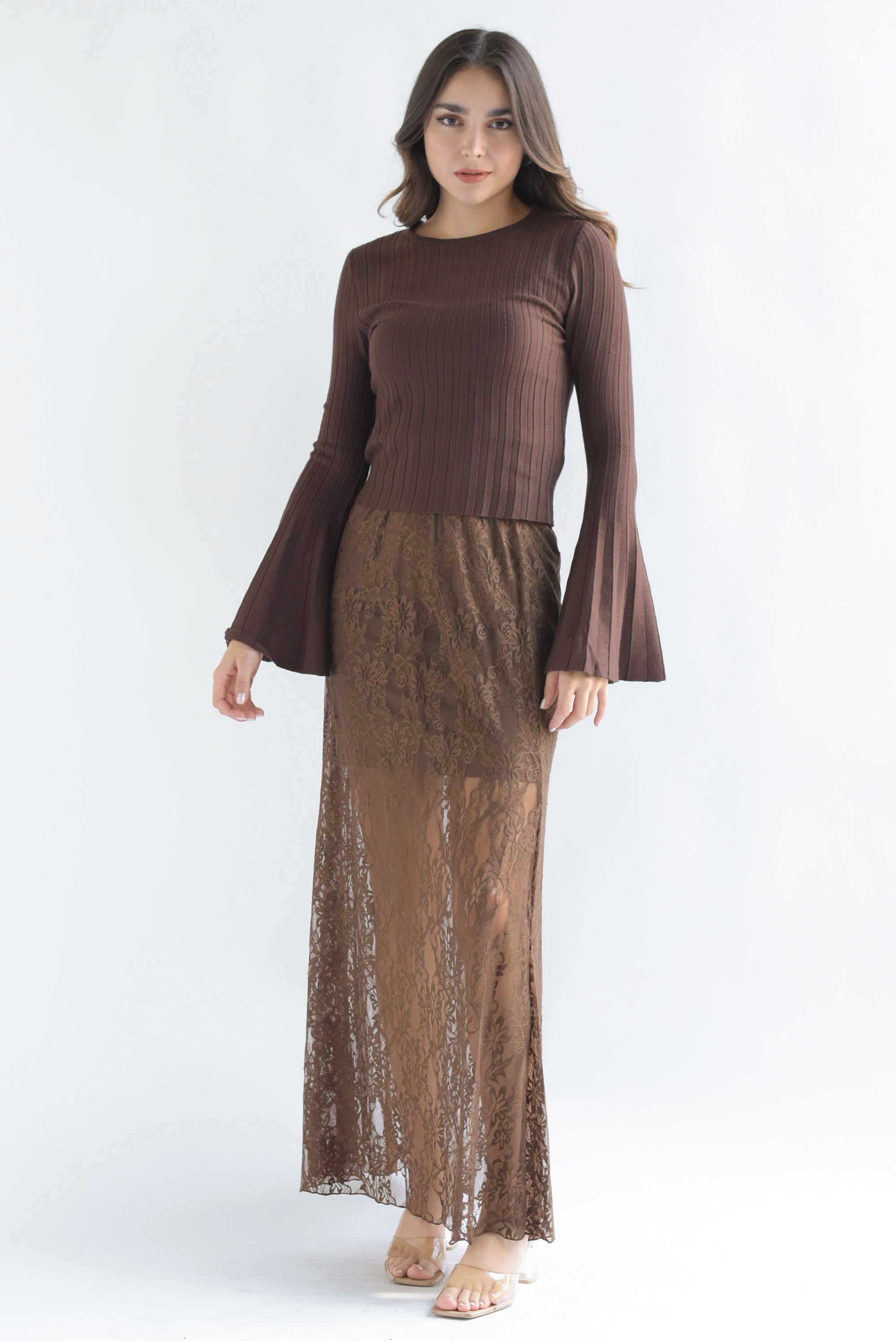 Falda larga encaje fondo Marrón