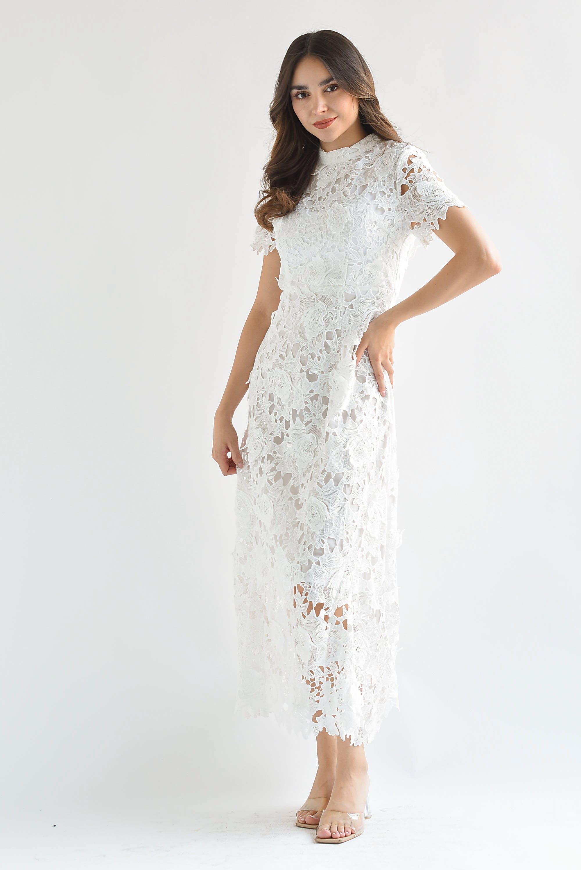 Vestido largo cuello mao guipur Blanco