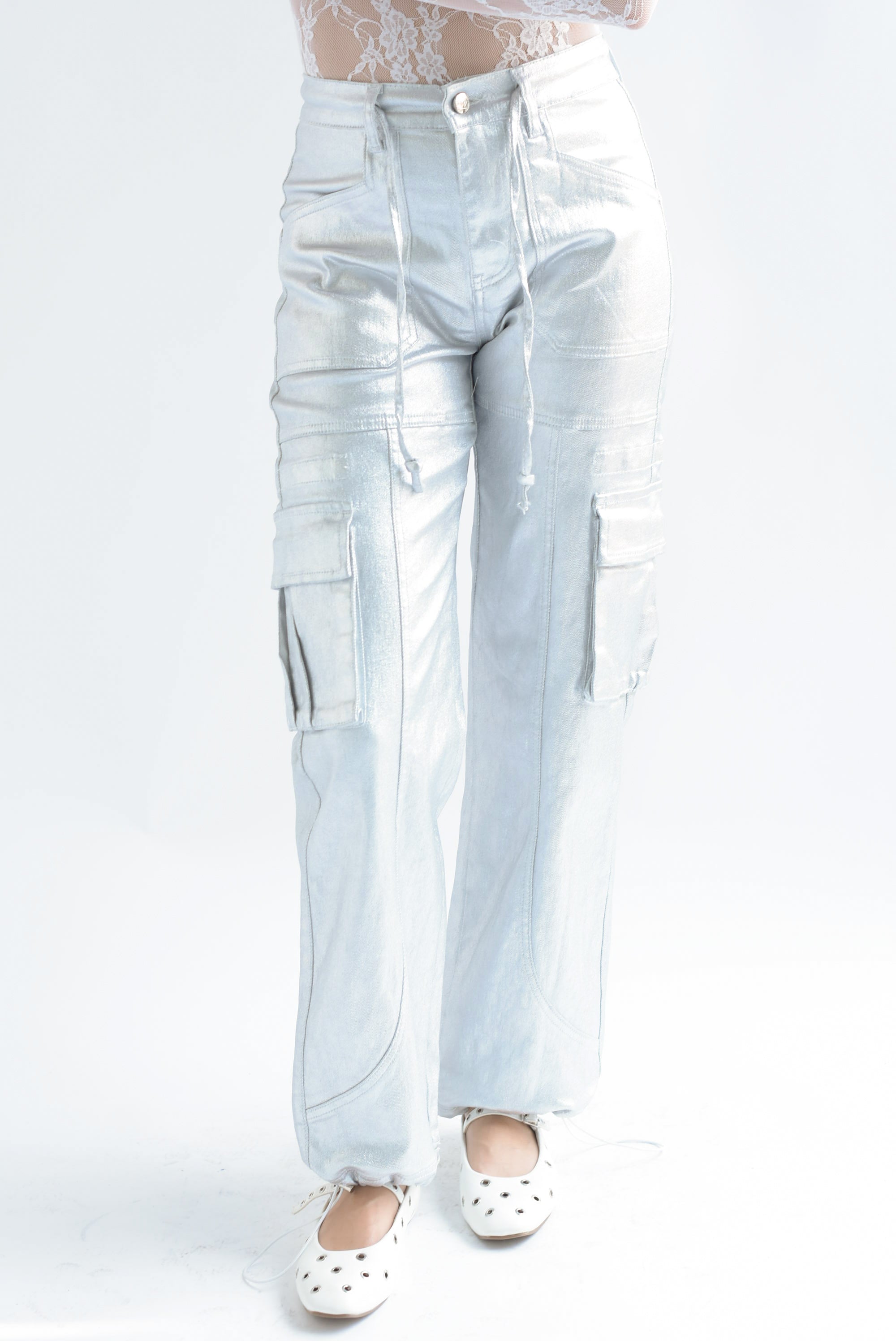 Jeans cargo metálico jaretas Plata