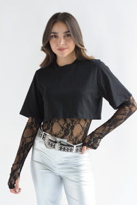 Fashion Styled Set Body encaje y T-Shirt crop Negro