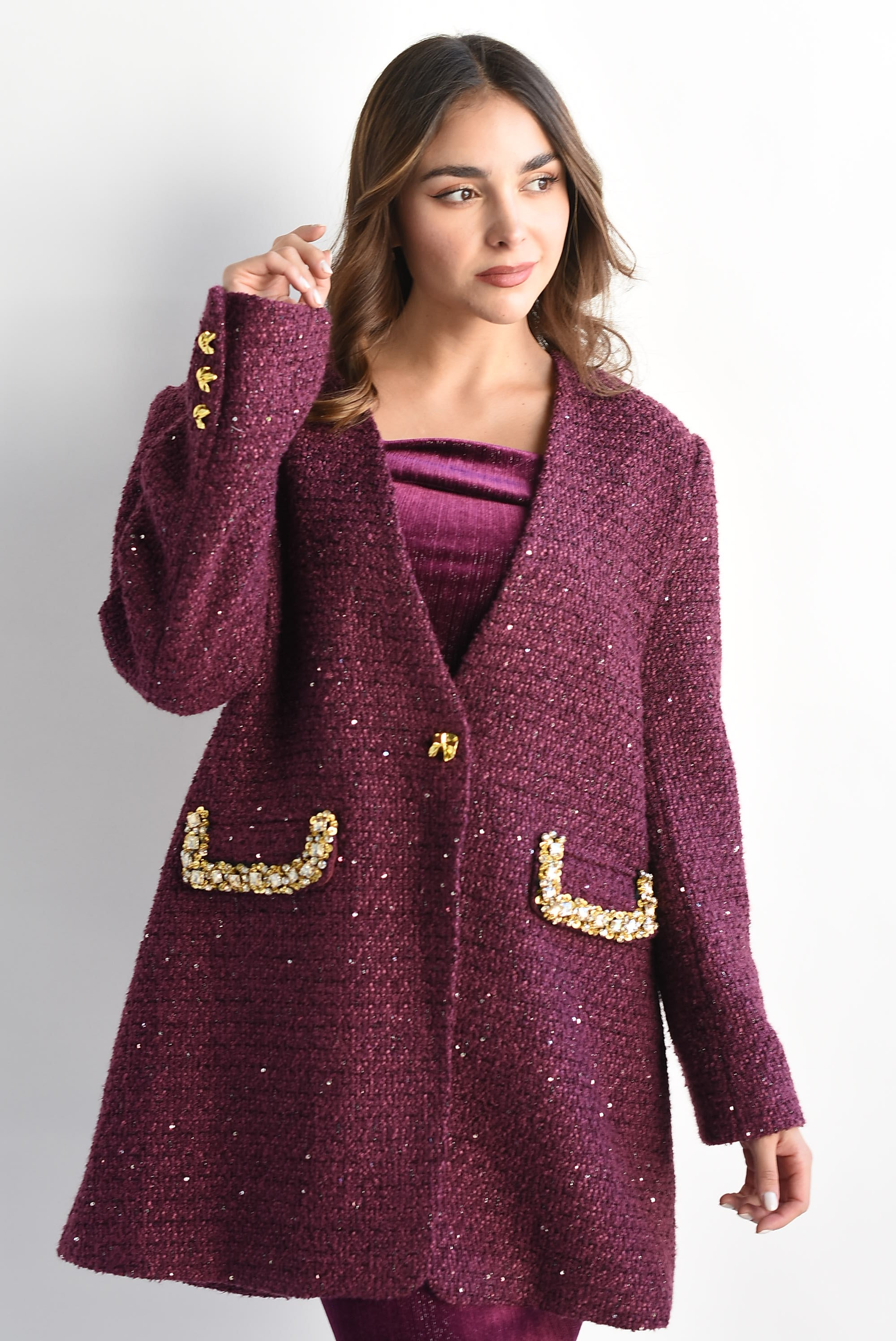 Blazer tweed largo joyas Tinto
