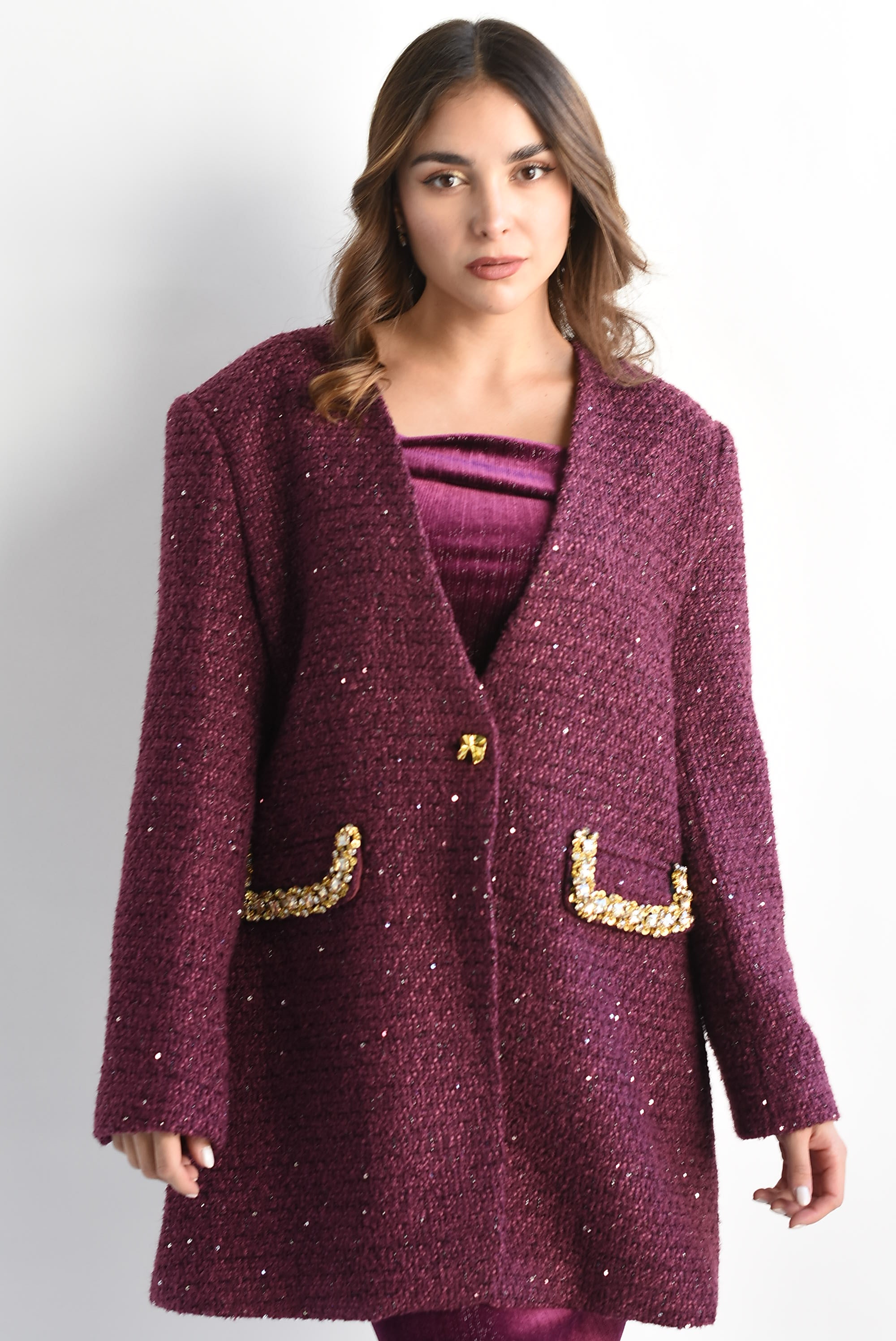 Blazer tweed largo joyas Tinto