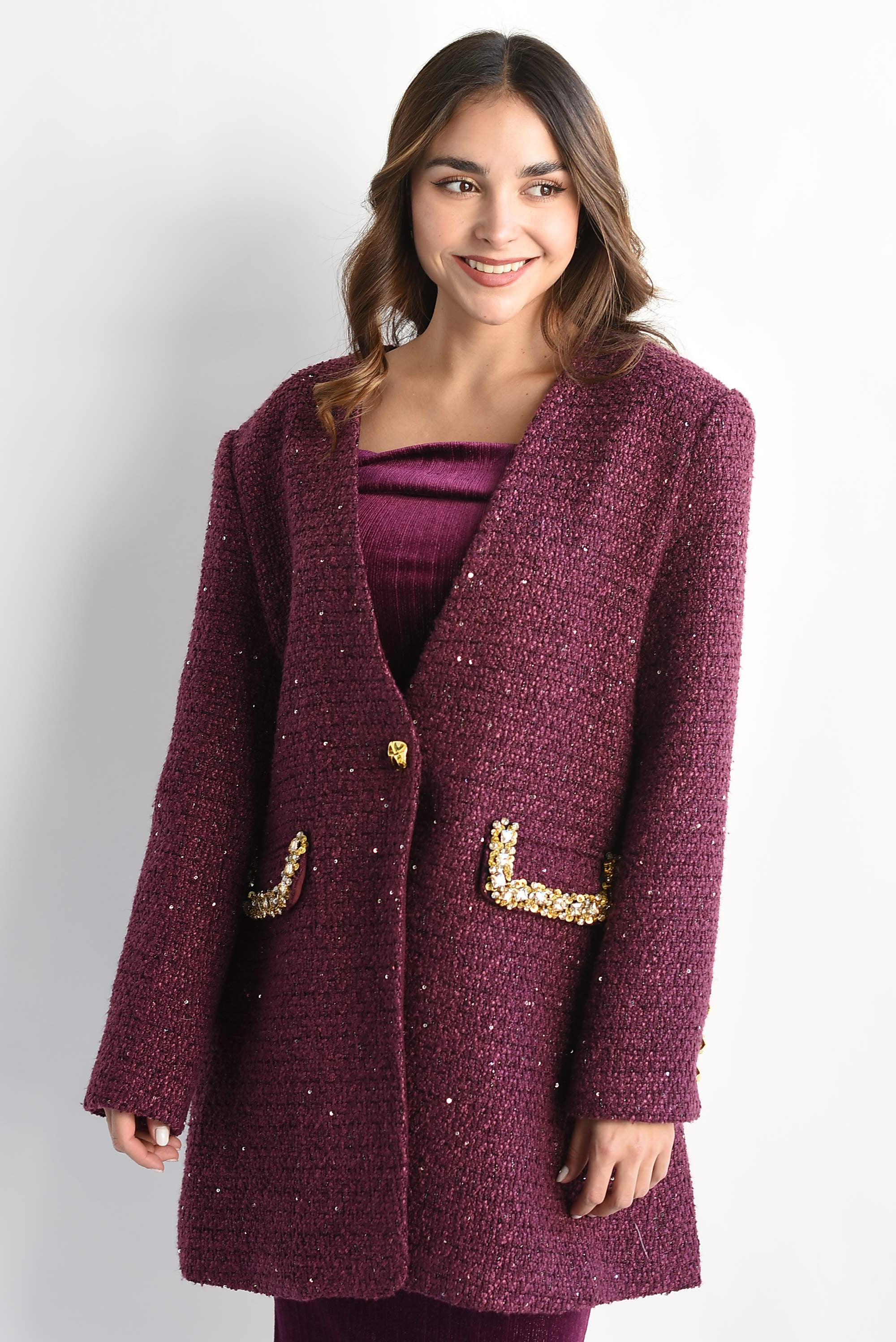 Blazer tweed largo joyas Tinto