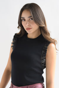 Fashion Styled Blusa punto mangas vinipiel plisada