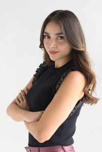 Fashion Styled Blusa punto mangas vinipiel plisada