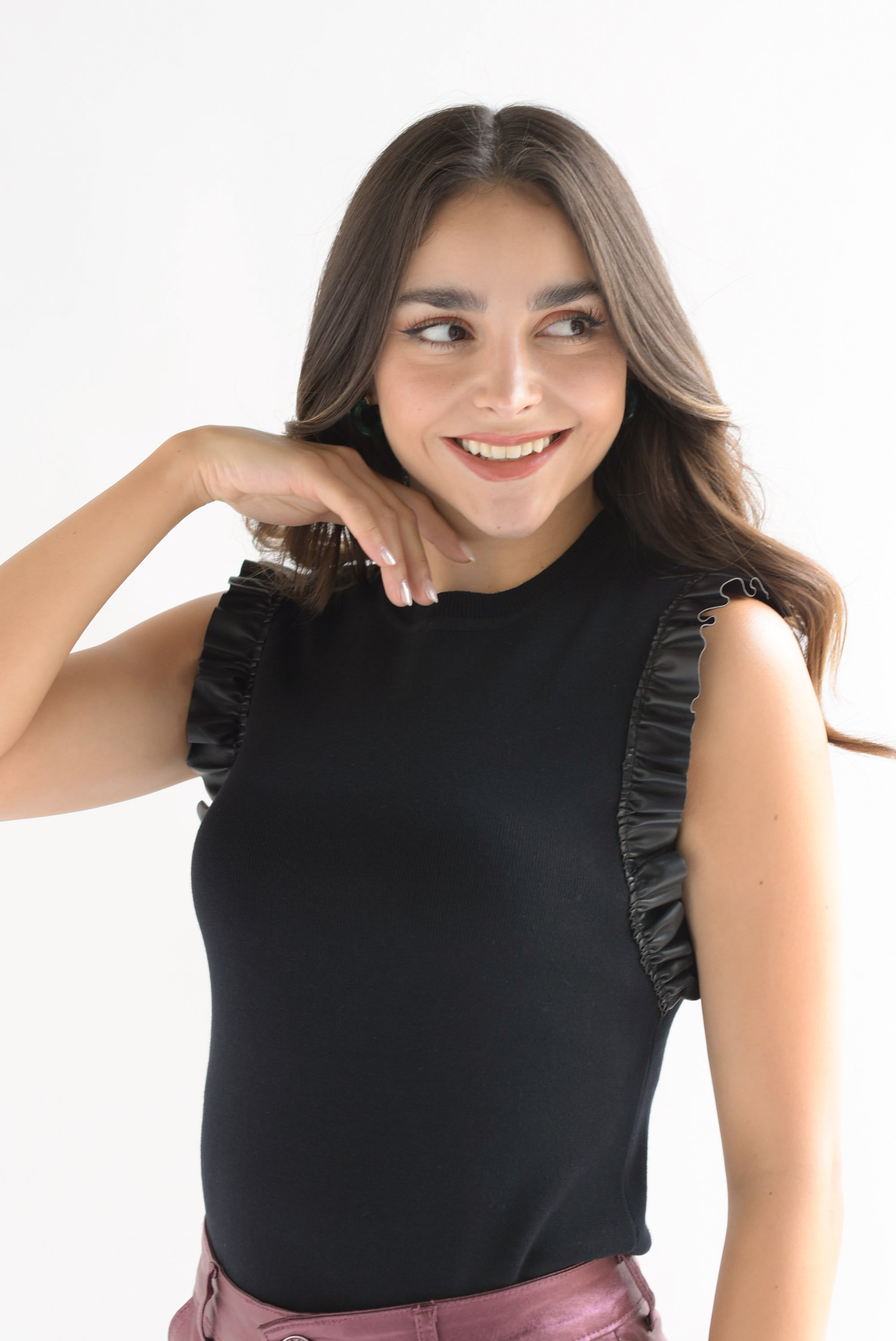 Blusa punto mangas vinipiel plisada