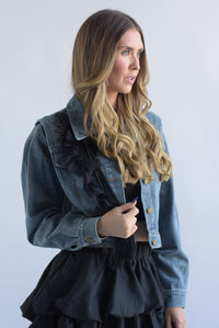 Fashion Styled Chamarra Denim flor y pompones