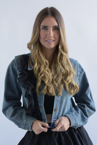 Fashion Styled Chamarra Denim flor y pompones