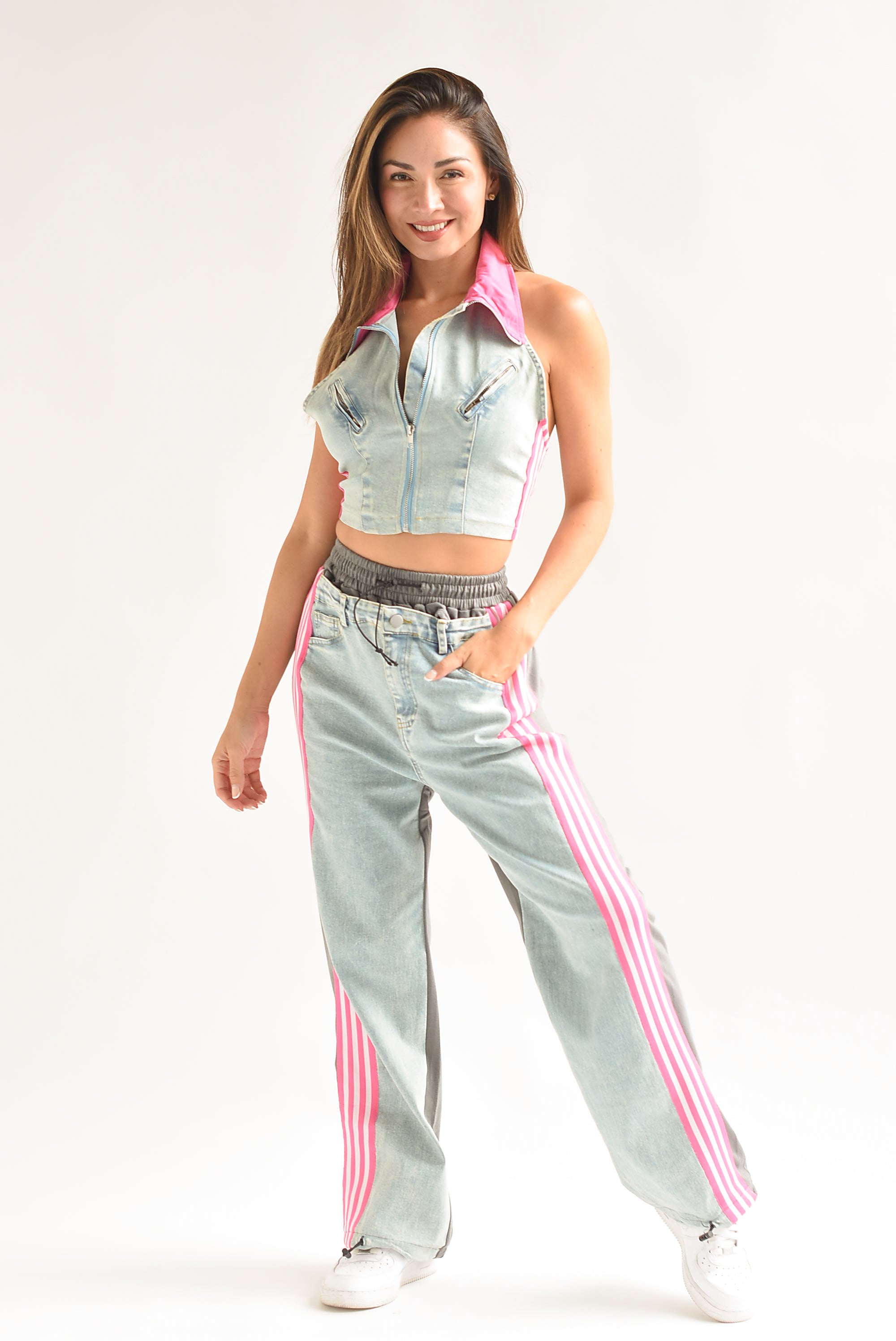 Set Pantalón y Top Denim track Rosa