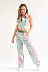Fashion Styled Set Pantalón y Top Denim track Rosa