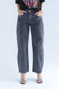 Fashion Styled Jeans barrel cargo Denim Negro