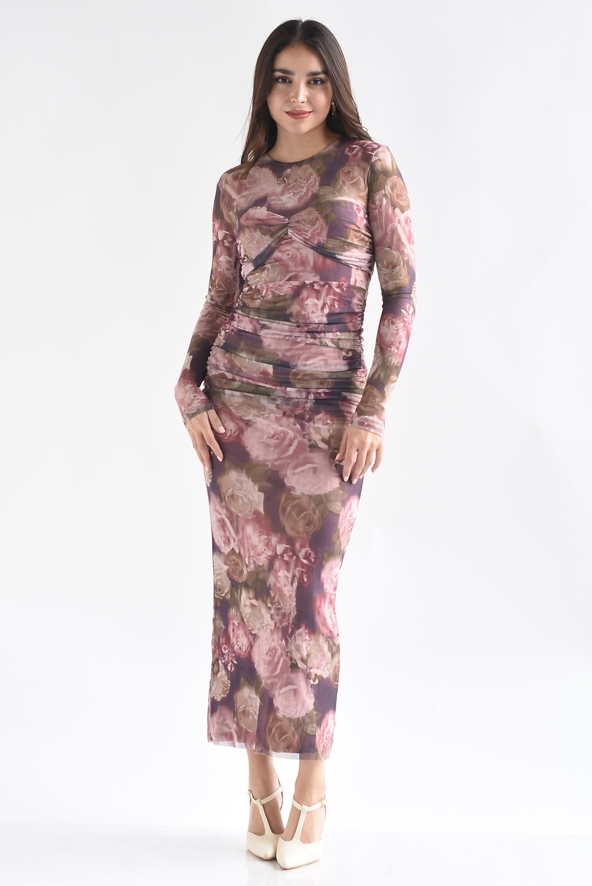 Vestido mesh copa drapeada flores tapiz