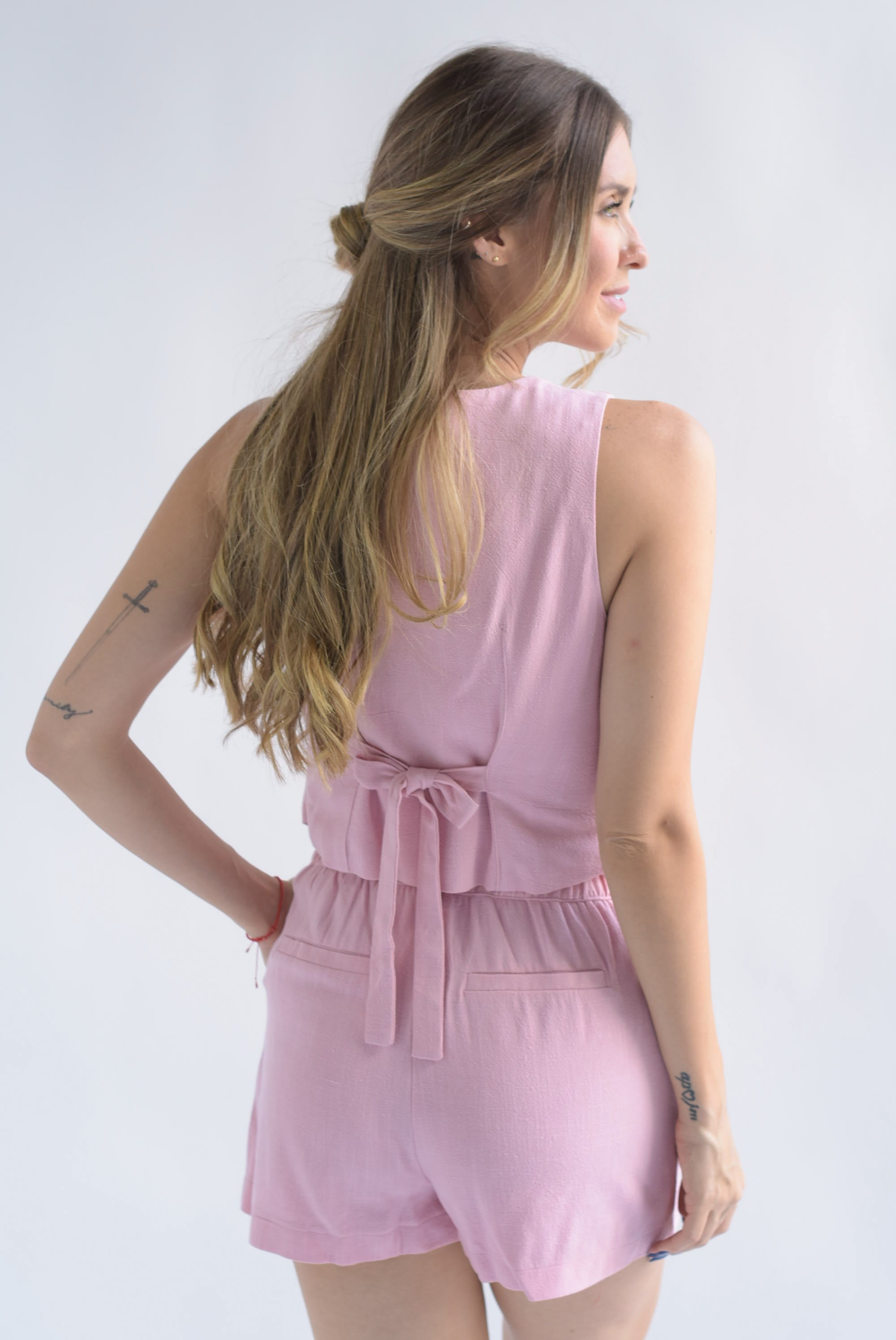 Set Short y Chaleco lazo lino Rosa