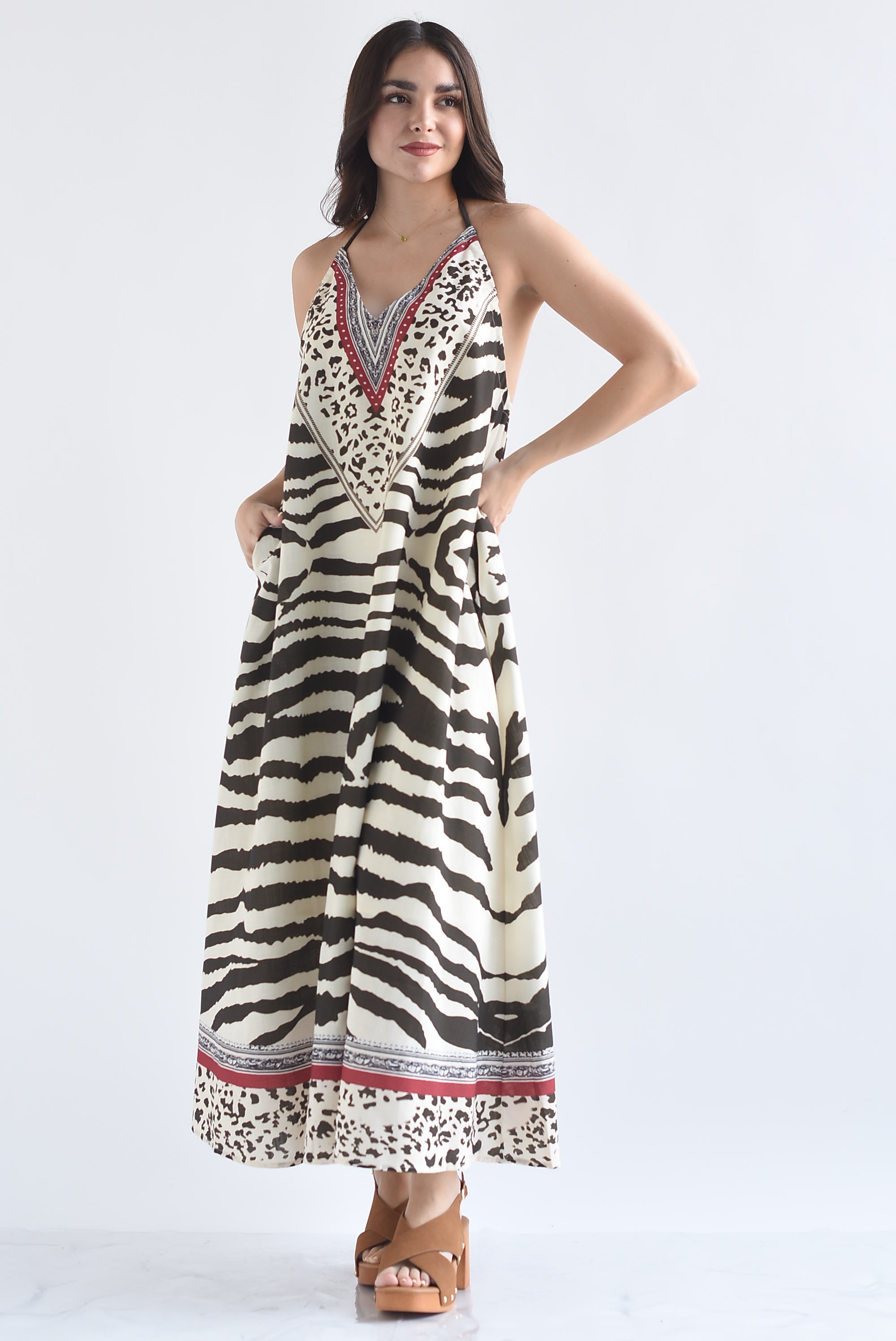 Vestido largo halter Zebra Espresso