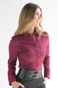 Fashion Styled Camisa pinzas manga larga Vino